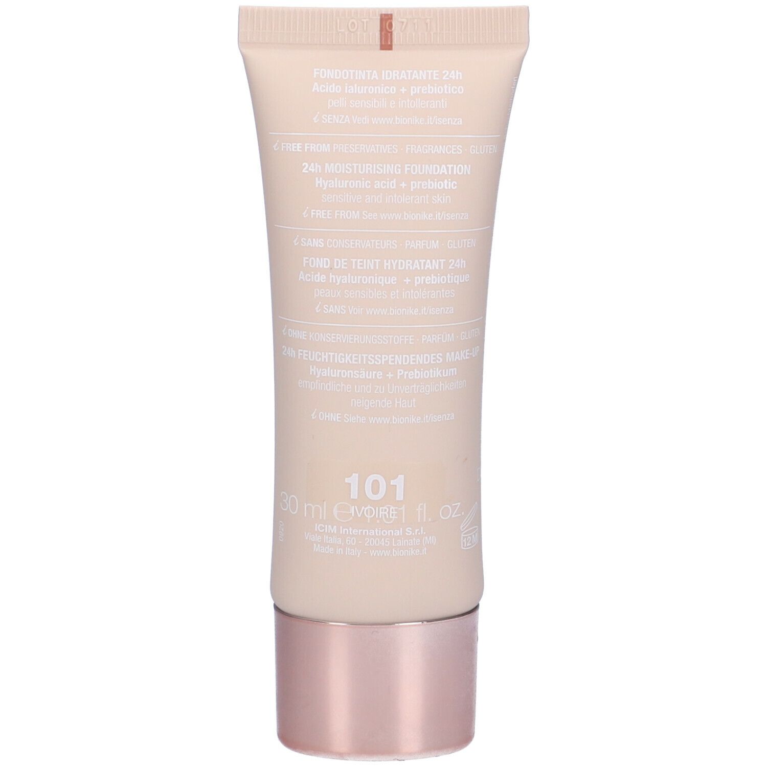 Retro di un tubo beige. Scritta: 101, 30 ml, 1 fl. oz. Testo in più lingue.