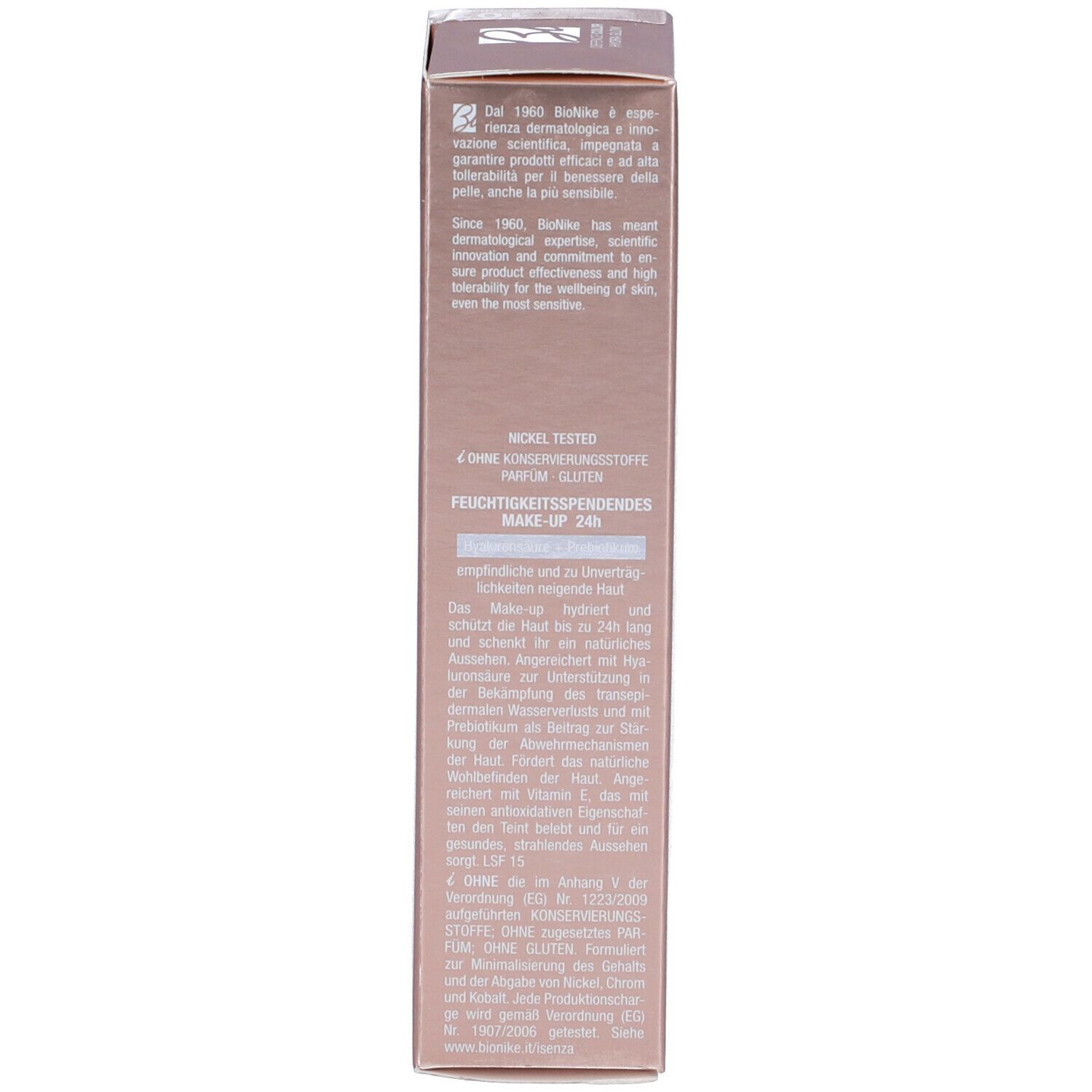 Lato di una scatola rosa. Testo in più lingue. Nickel Tested, 4 senza conservanti, profumo, glutine.
