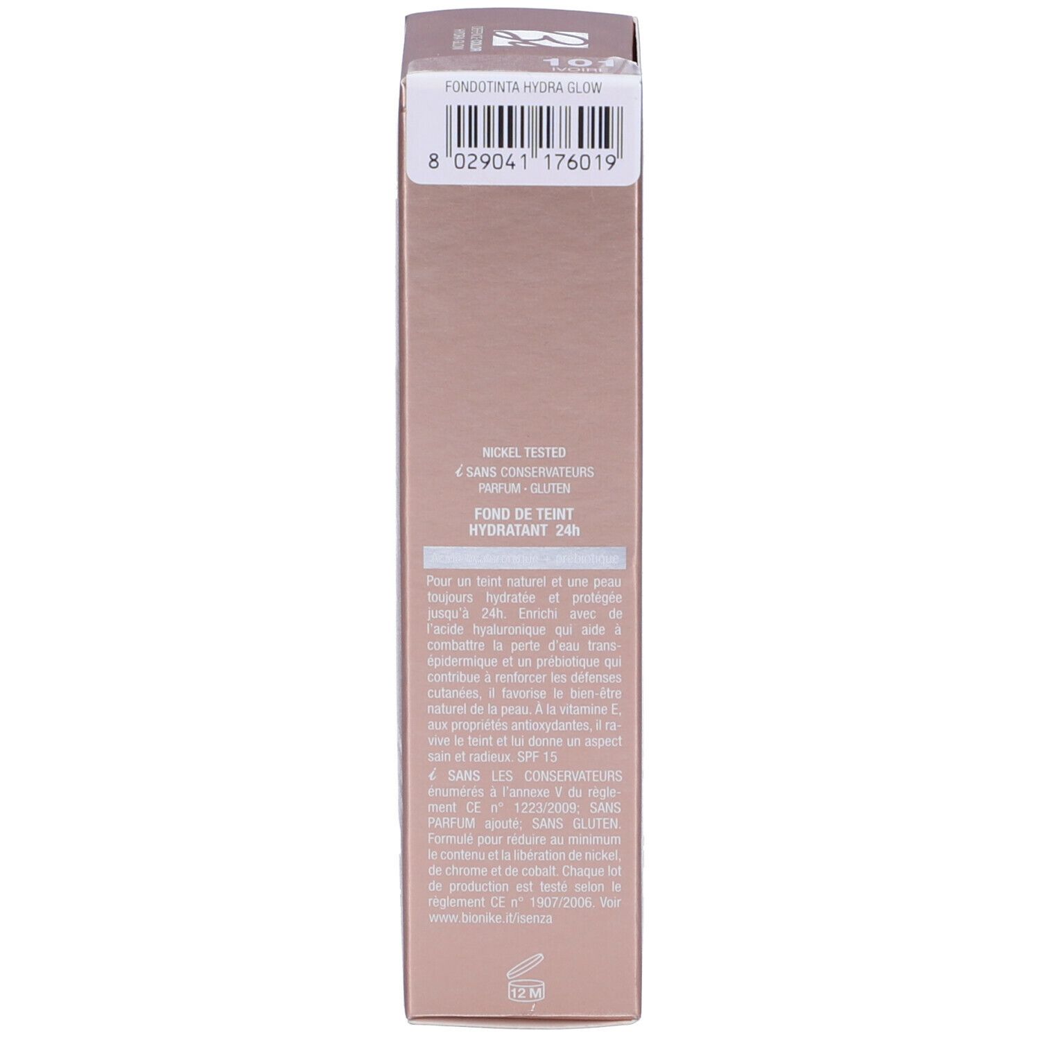 Lato di una scatola rosa. Scritta: Fondotinta Hydra Glow, 8 029041 176019. Nickel Tested.