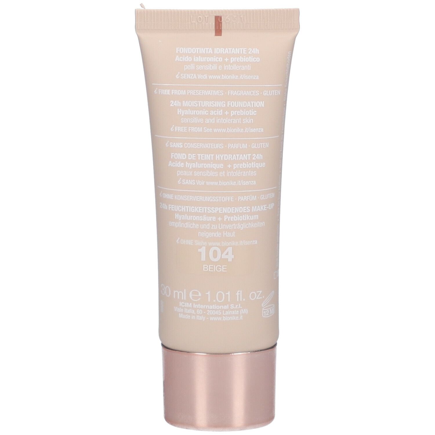 Retro del tubo BioNike Defence Color Hydra Glow. Scritto: 104 Beige. Ingredienti e informazioni.