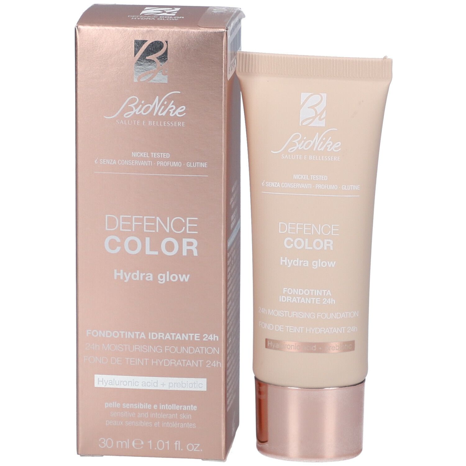 Tubo e confezione BioNike Defence Color Hydra Glow. Scritto: Fondotinta Idratante 24h. Nickel Tested.