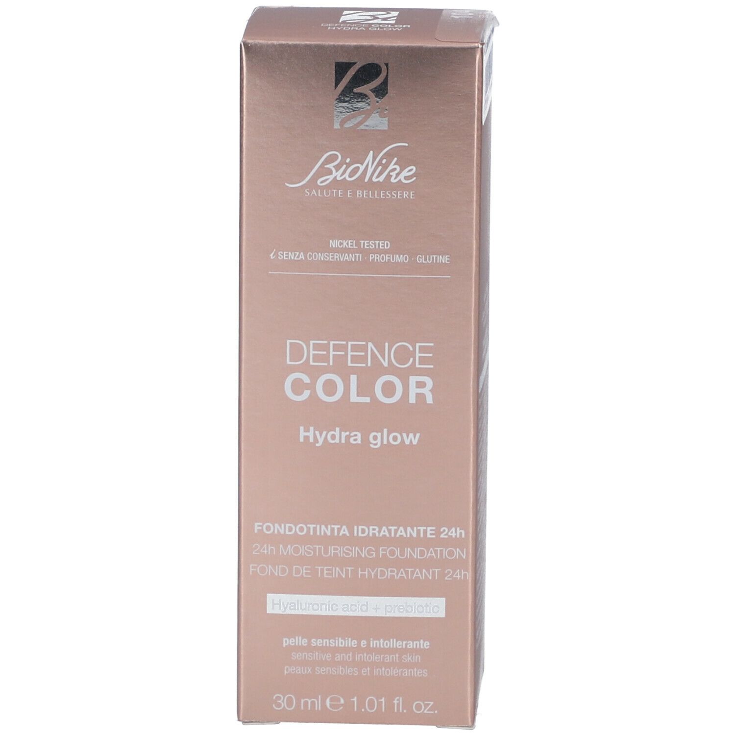 Confezione BioNike Defence Color Hydra Glow. Scritto: Fondotinta Idratante 24h. Nickel Tested.