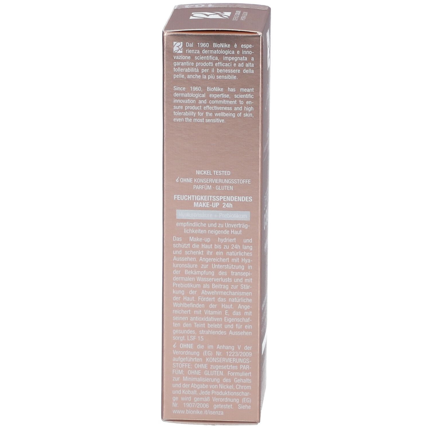 Lato della confezione BioNike Defence Color Hydra Glow. Testo sul prodotto e il marchio.
