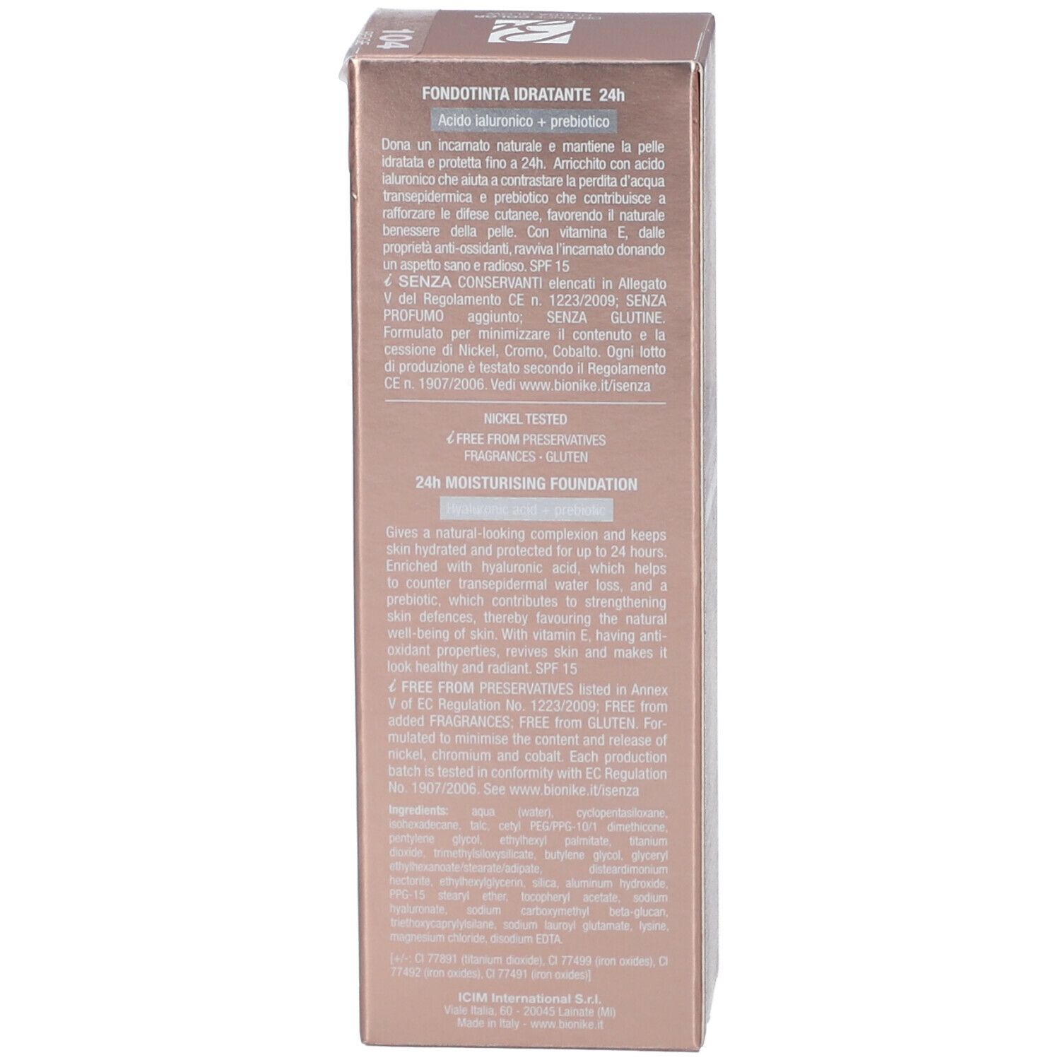 Lato della confezione BioNike Defence Color Hydra Glow. Ingredienti e informazioni.