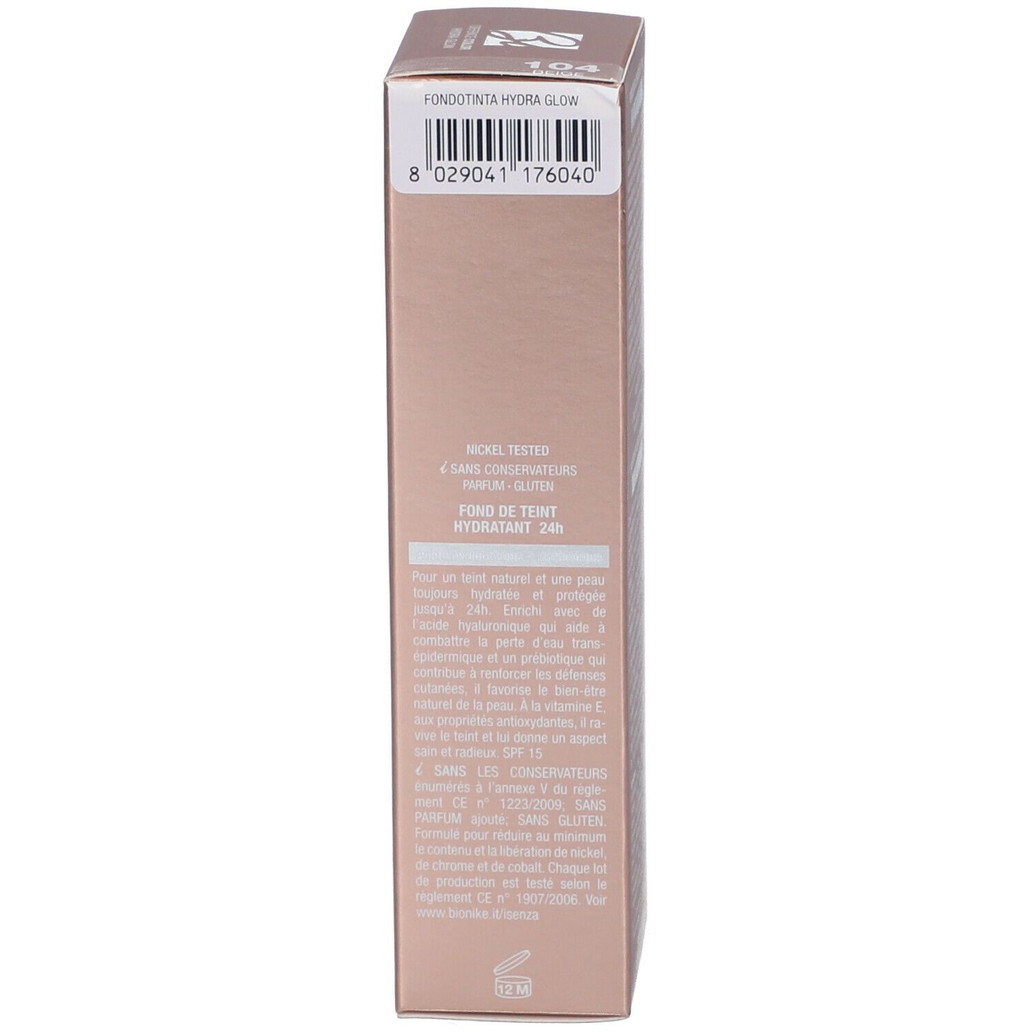 Lato della confezione BioNike Defence Color Hydra Glow. Codice a barre e informazioni sul prodotto.