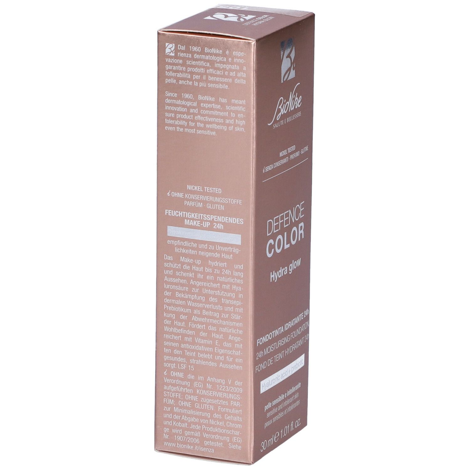Confezione prodotto. Marchio BioNike, Defence Color Hydra Glow. Fondotinta Idratante 24H. 30 ml. Testo.