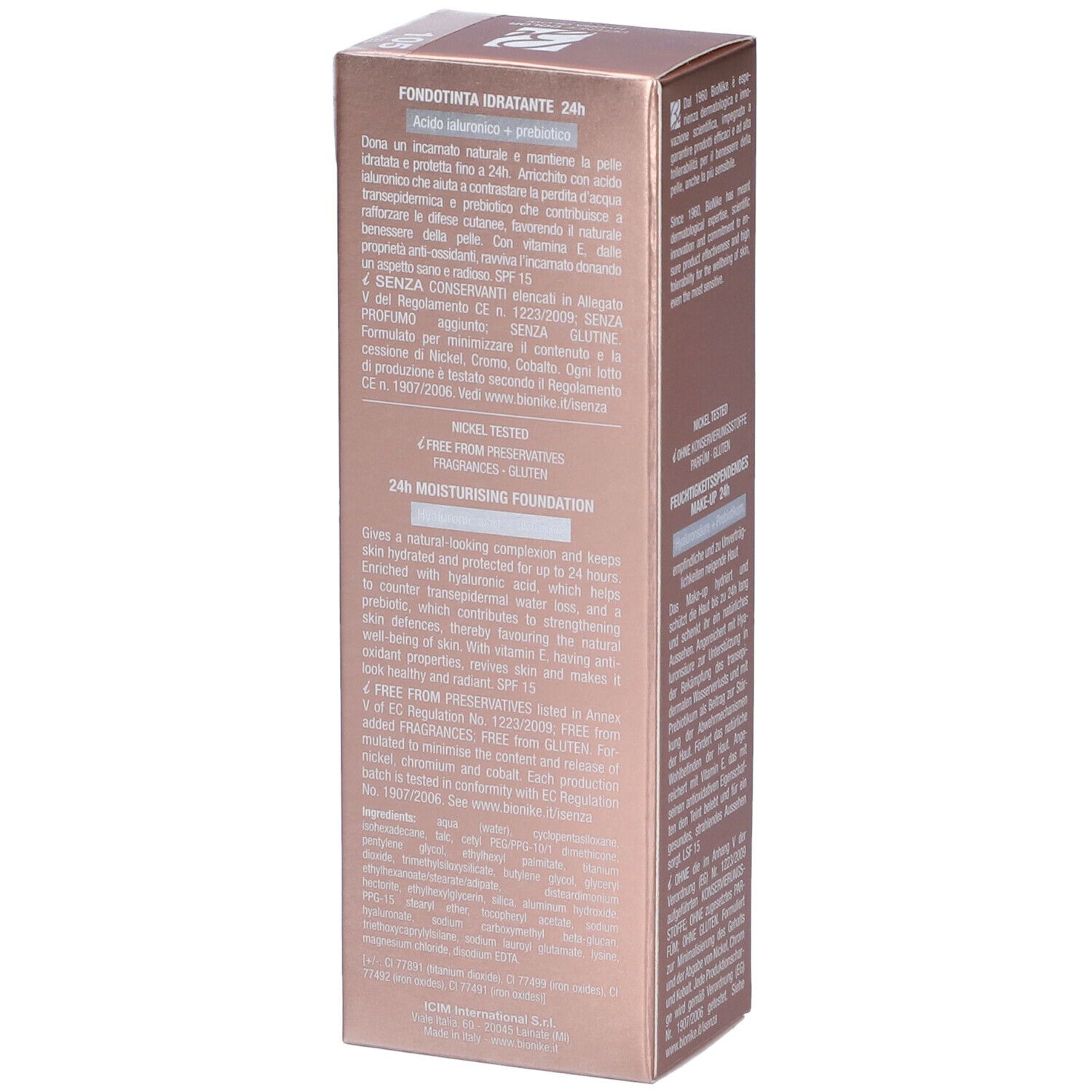 Confezione prodotto. Marchio BioNike, Defence Color Hydra Glow. Fondotinta Idratante 24H. 30 ml. Testo.