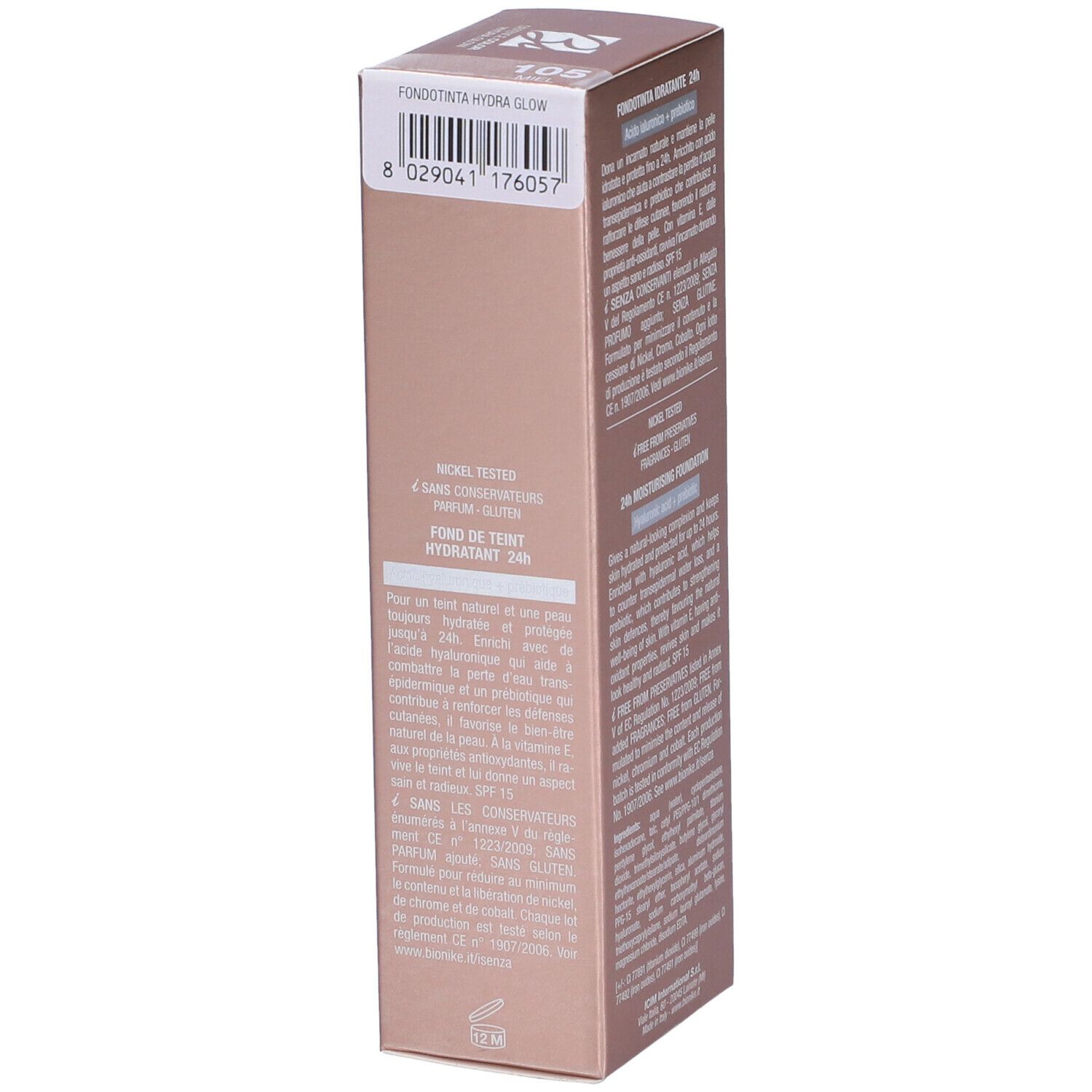Confezione prodotto. Marchio BioNike, Defence Color Hydra Glow. Fondotinta Idratante 24H. 30 ml. Testo.