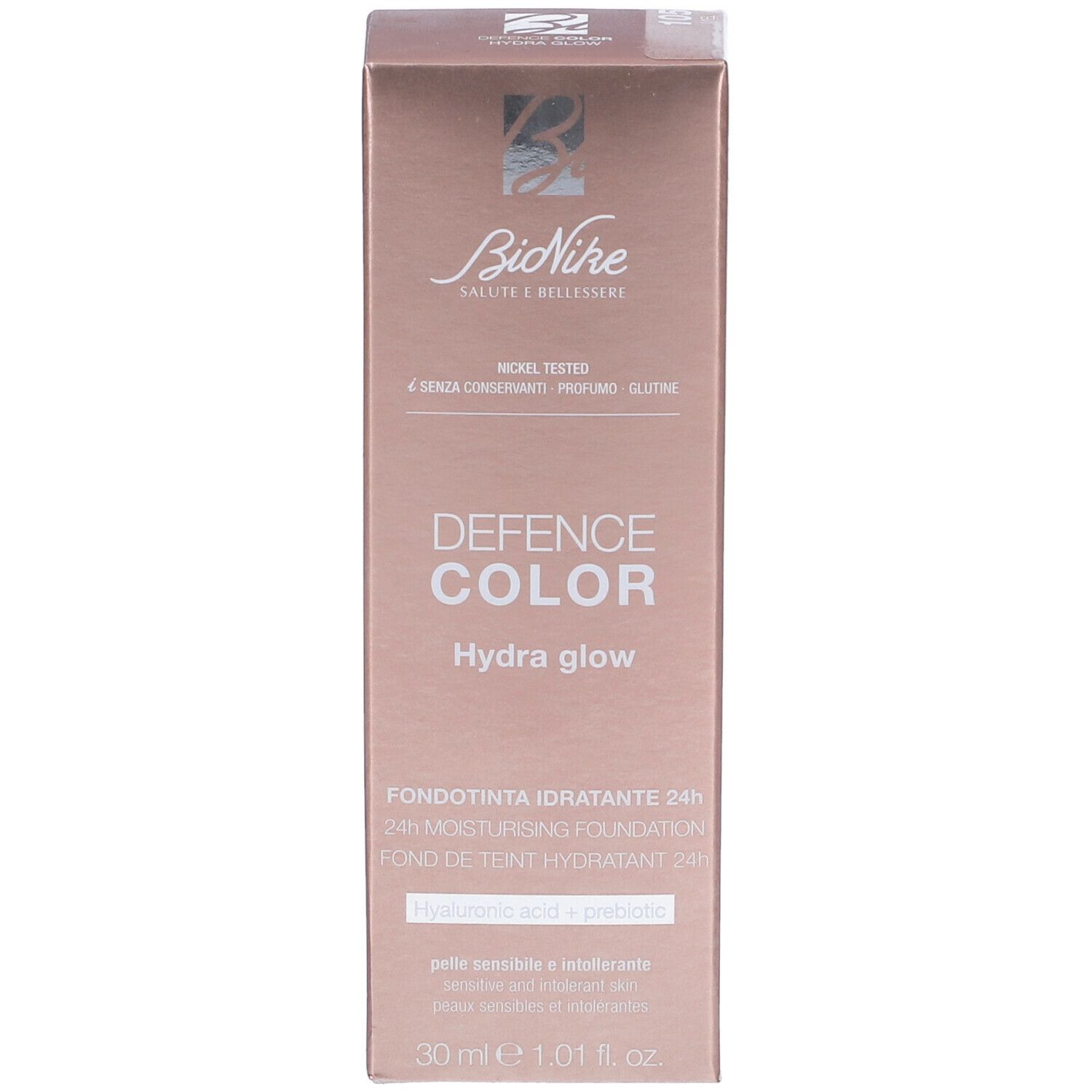 Confezione prodotto. Marchio BioNike, Defence Color Hydra Glow. Fondotinta Idratante 24H. 30 ml. Testo.