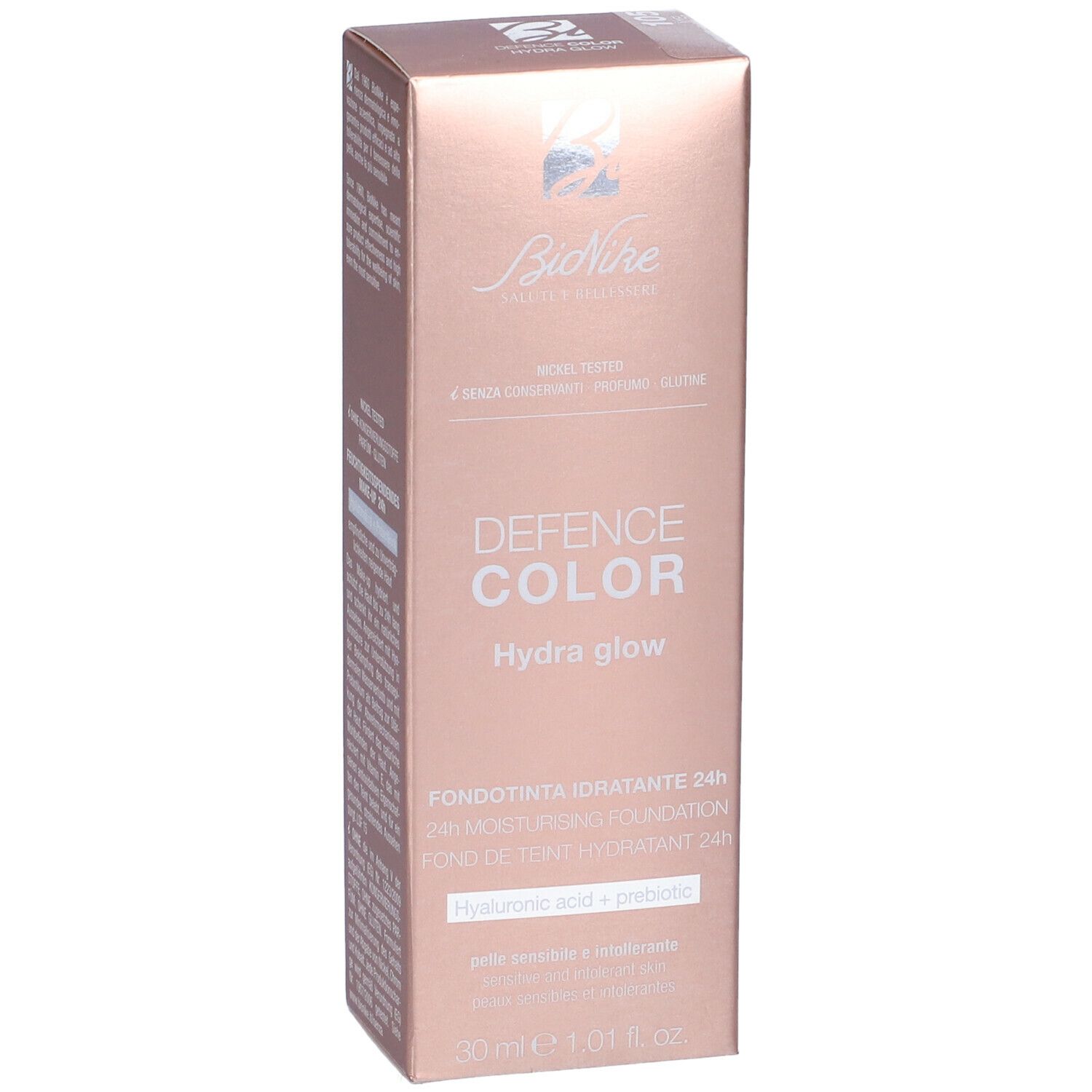 Confezione prodotto. Marchio BioNike, Defence Color Hydra Glow. Fondotinta Idratante 24H. 30 ml. Testo.