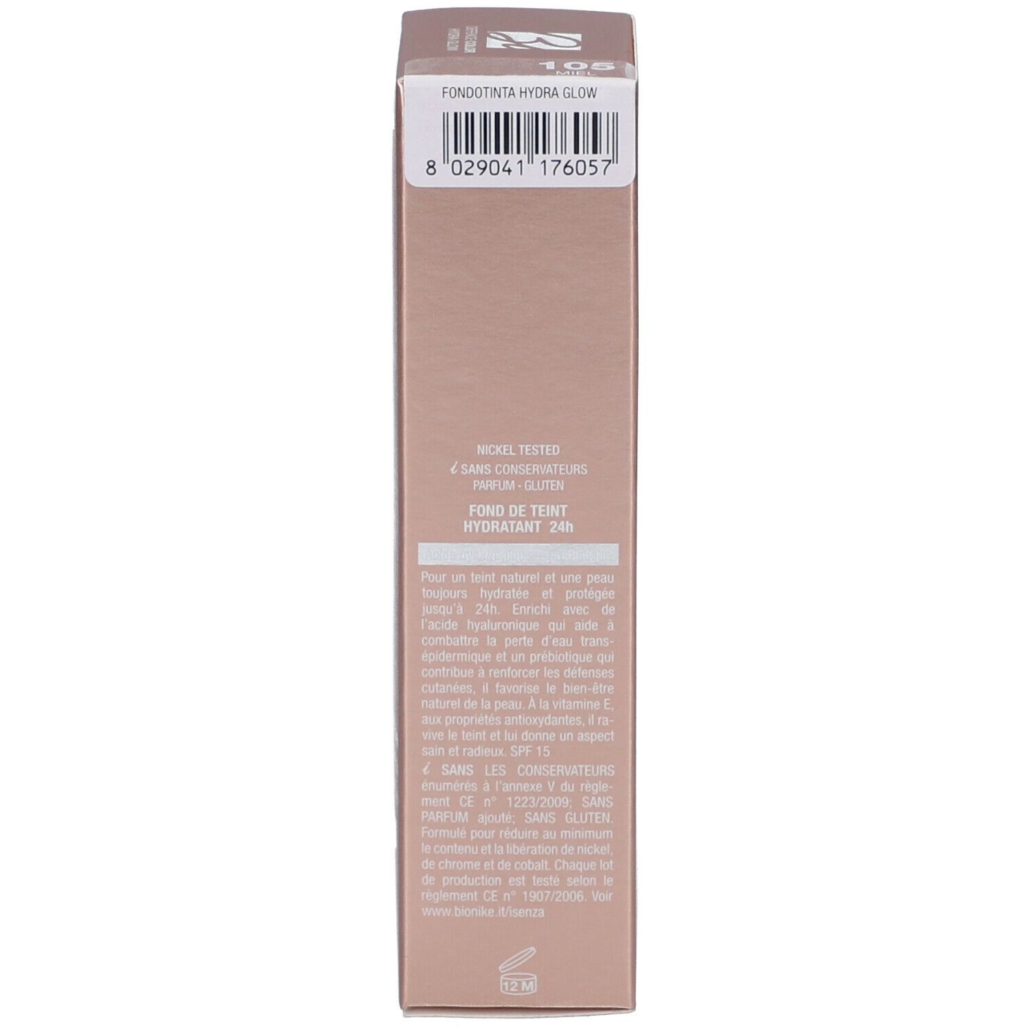 Confezione prodotto. Marchio BioNike, Defence Color Hydra Glow. Fondotinta Idratante 24H. 30 ml. Codice a barre.
