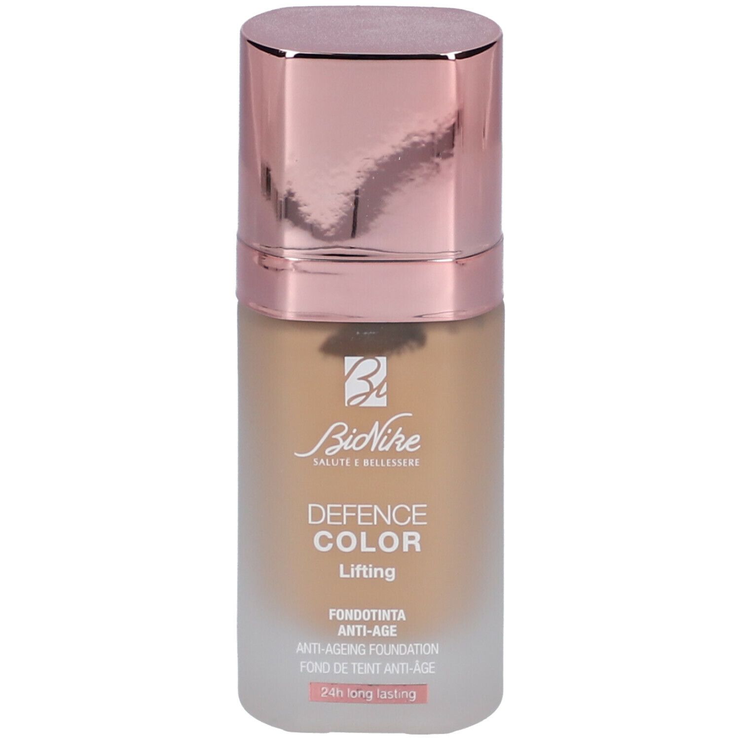 Fondotinta liquido in flacone con tappo oro rosa. Scritta: Defence Color Lifting. Tonalità.