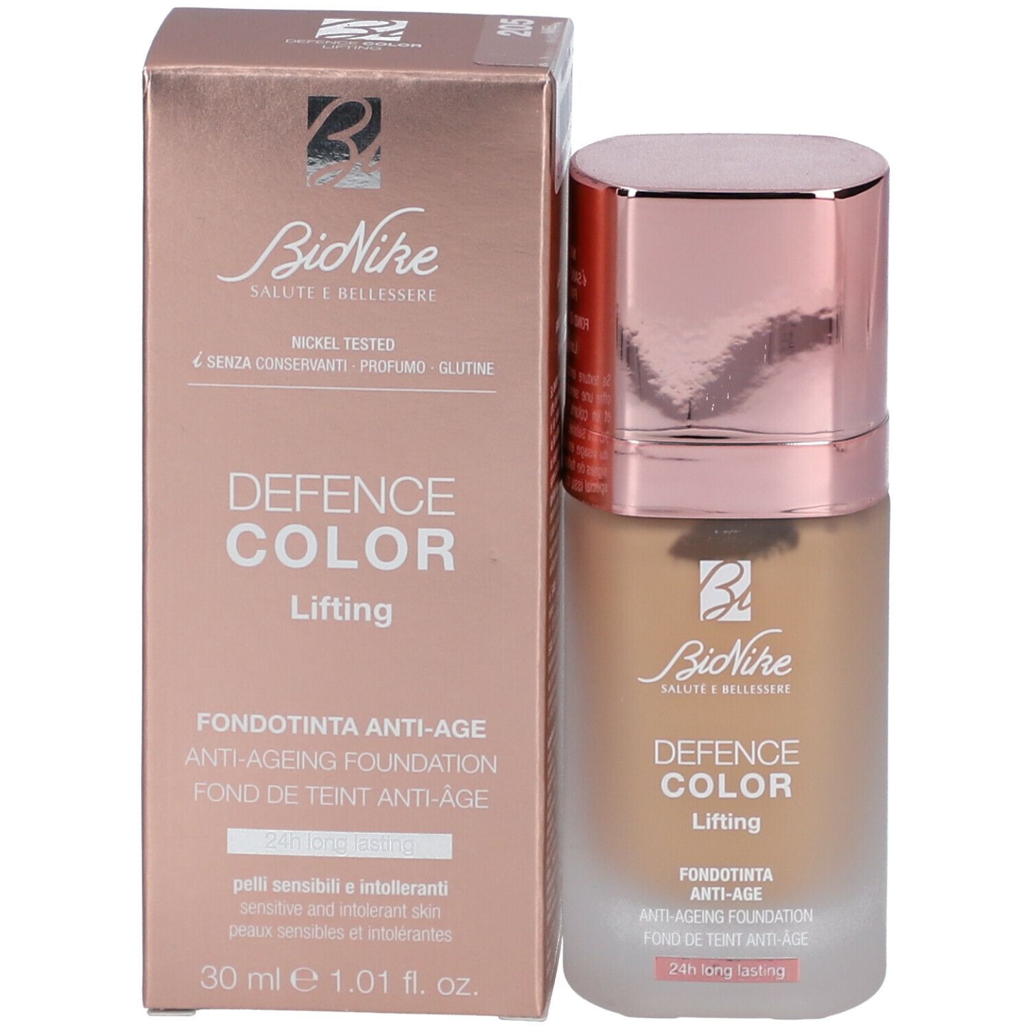 Flacone di trucco e confezione affiancati. Scritta: Defence Color Lifting. Confezione: Nickel Tested.