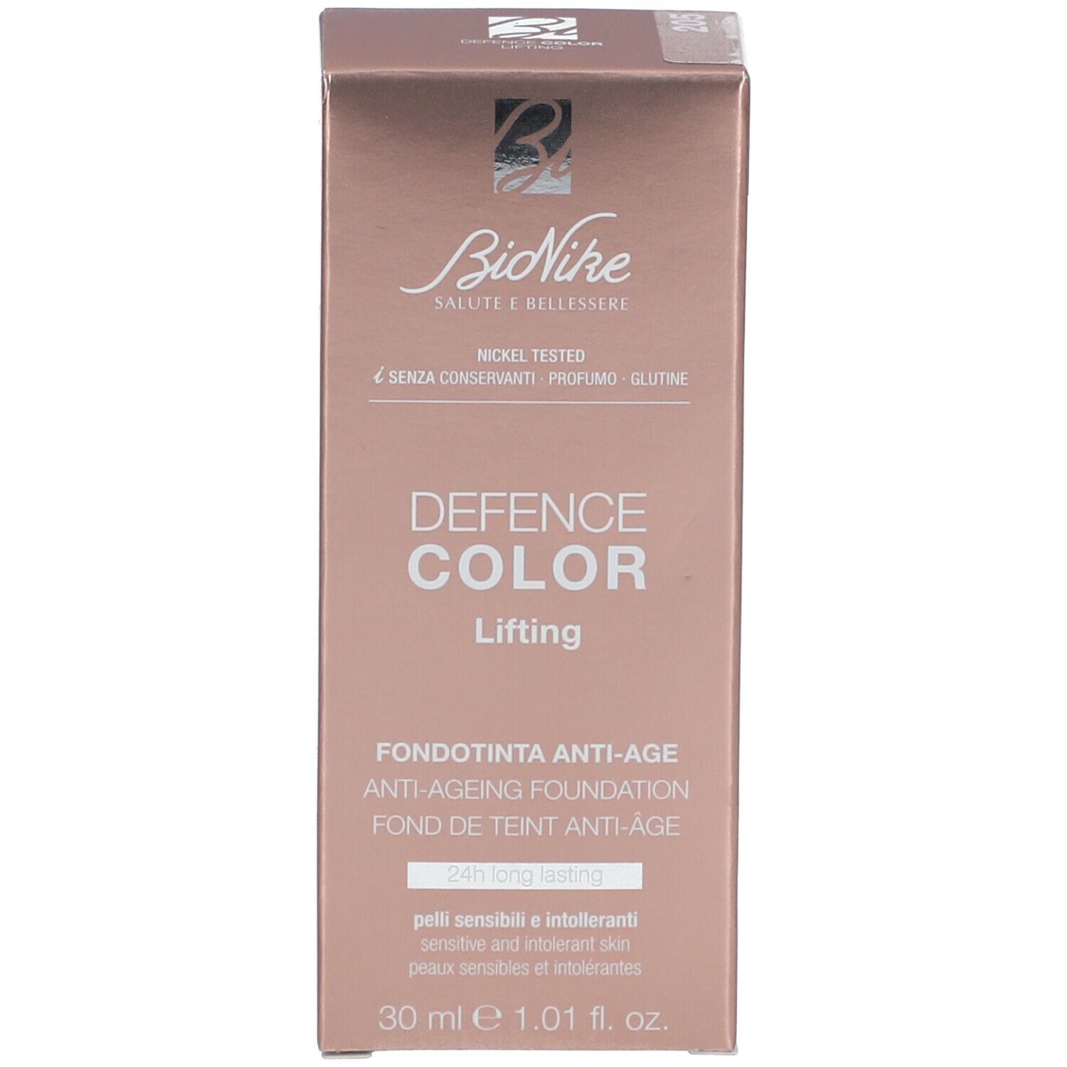 Confezione del trucco. Scritta: Defence Color Lifting, Nickel Tested, 30 ml.