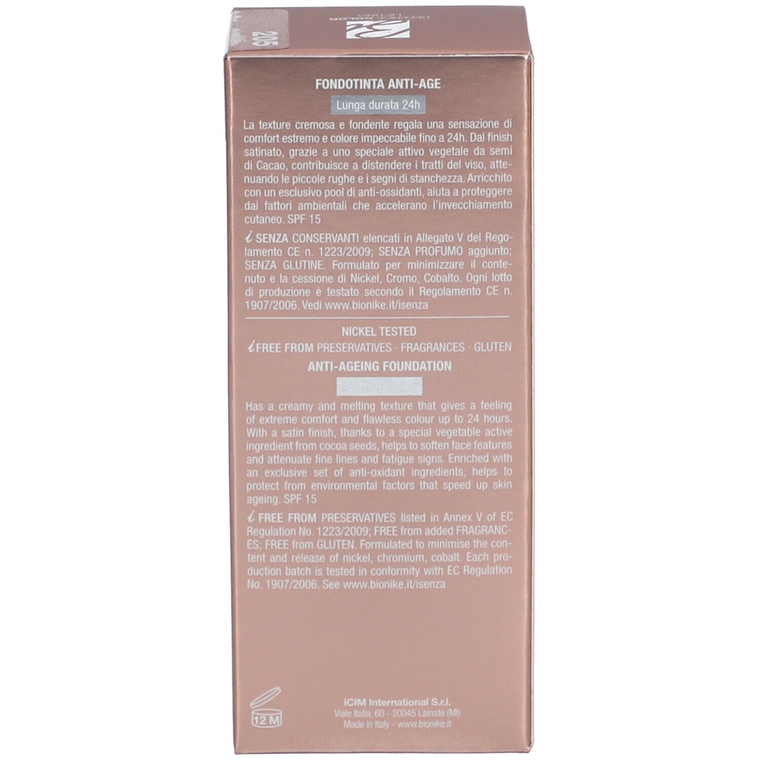 Retro della confezione trucco. Testo multilingue. Scritta: Anti-Ageing Foundation, SPF 15.