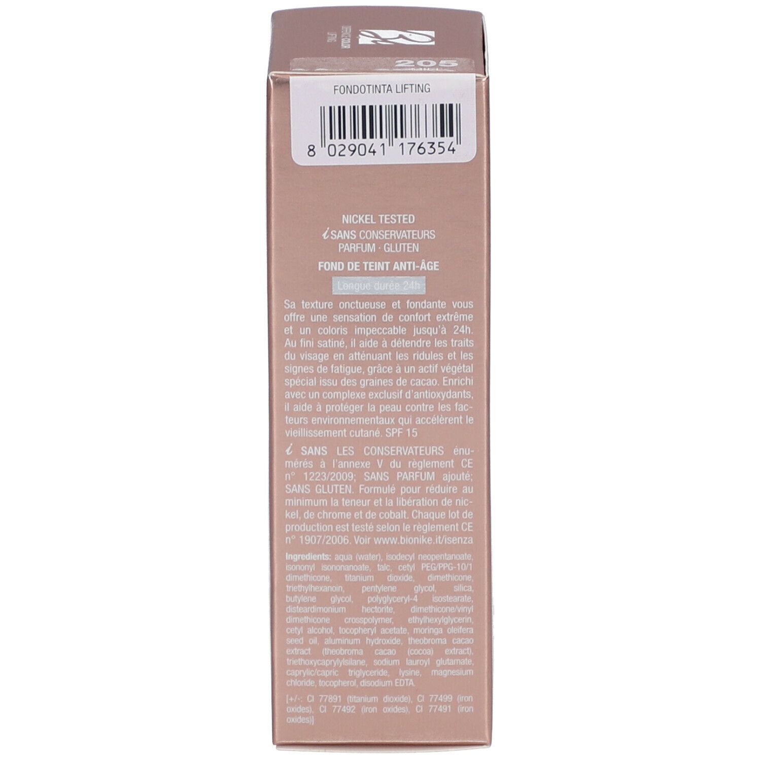Lato della confezione trucco. Scritta: 205, Anti-Ageing Foundation, Nickel Tested, Gluten.