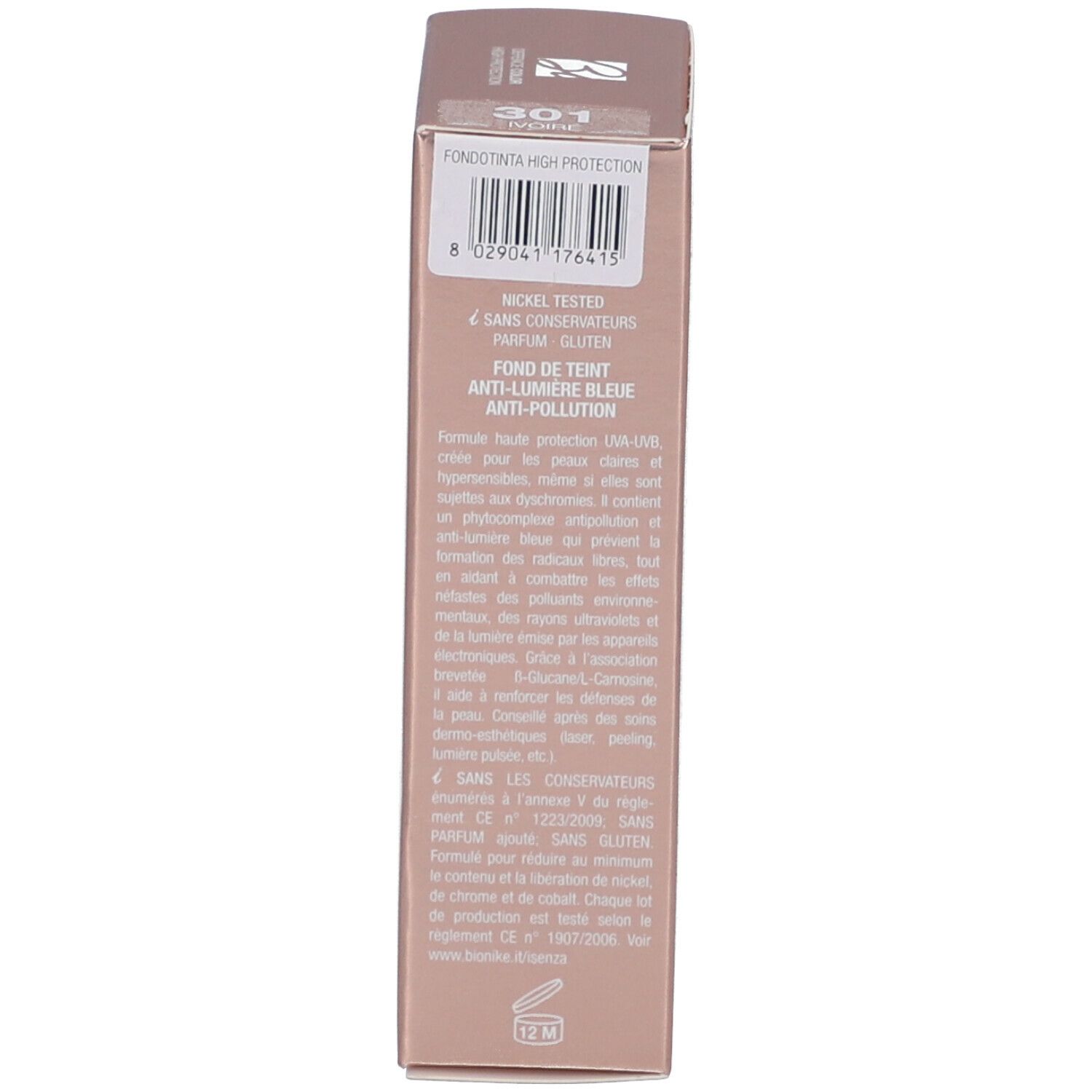 Lato della scatola. Scritta: 301. Nickel Tested. Senza conservanti, profumo, glutine. Fond de Teint Anti-Lumière Bleue.