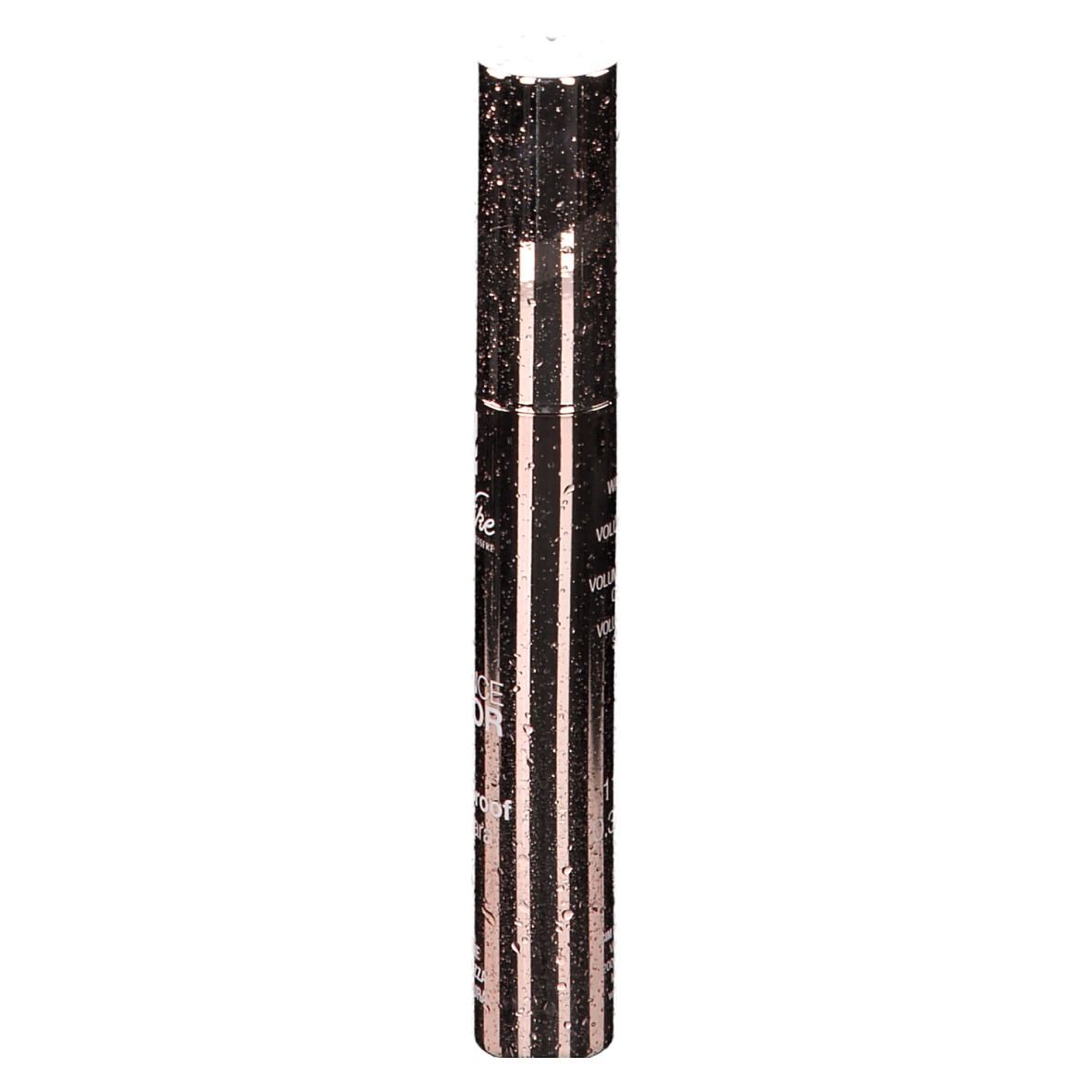 Mascara-Flakon. Rosa-goldener Flakon mit vertikalen Streifen. Text: DEFENCE COLOR 3D waterproof mascara.