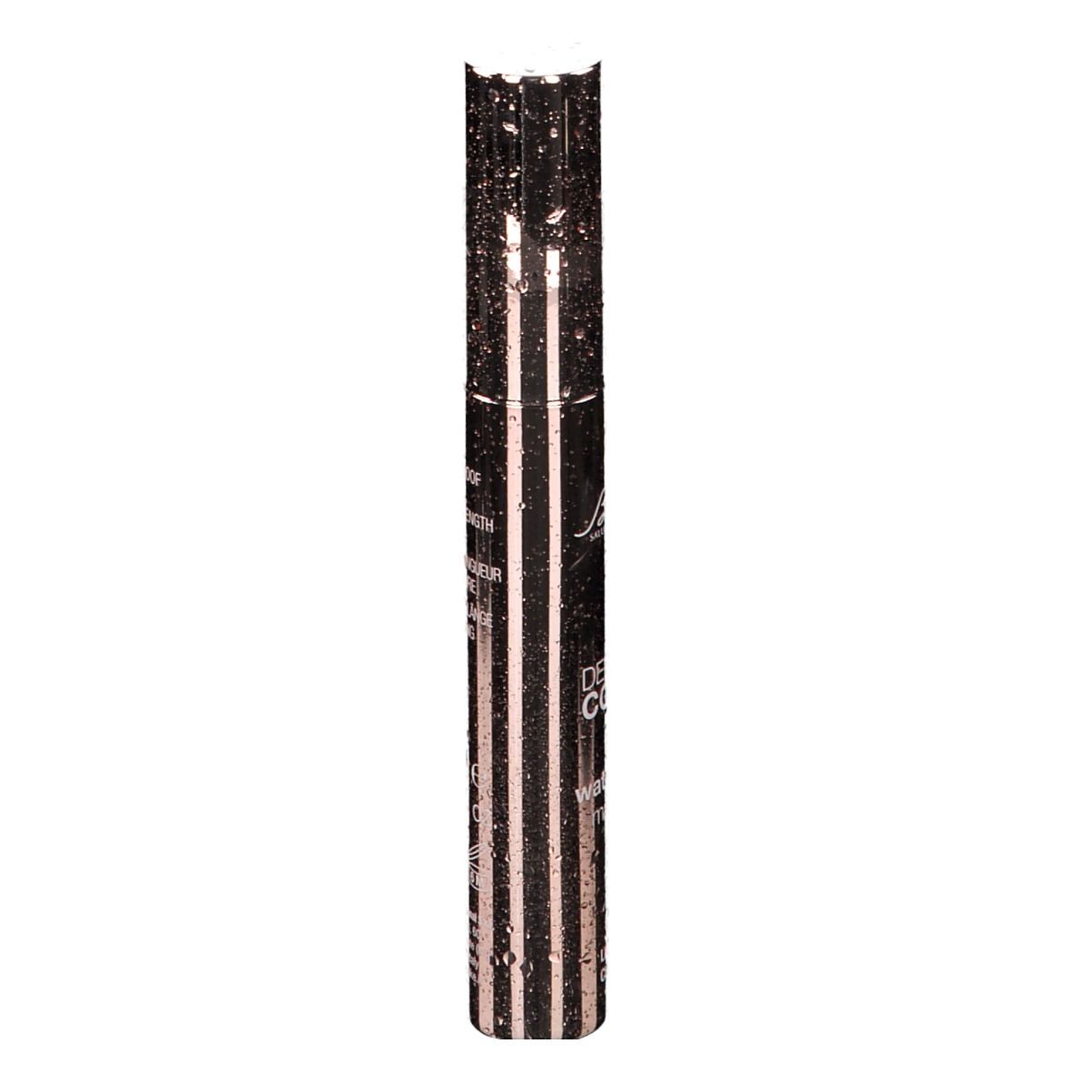 Mascara-Flakon. Rosa-goldener Flakon mit vertikalen Streifen. Text: DEFENCE COLOR 3D waterproof mascara.