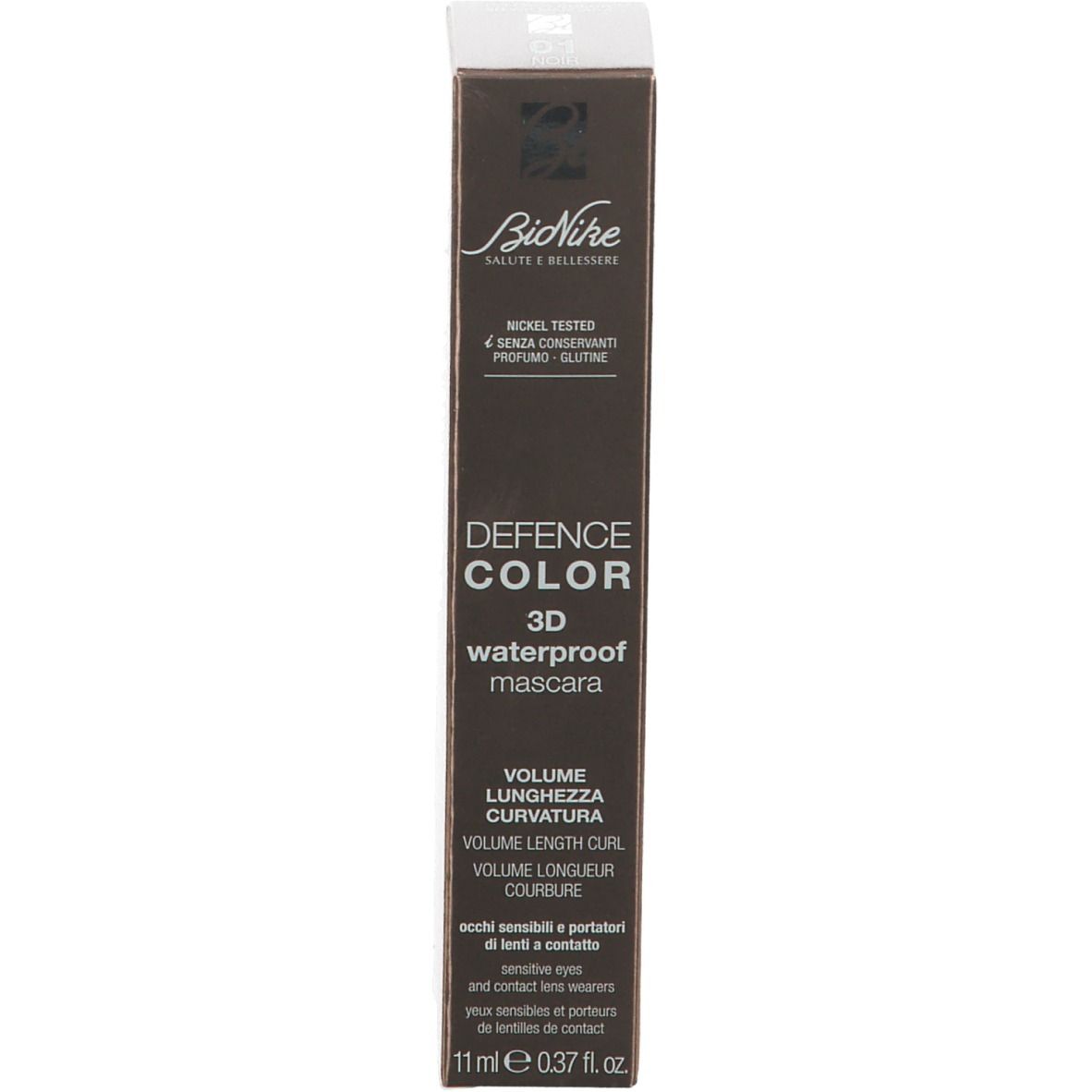 Mascara-Verpackung und Flakon. Braune Verpackung, rosa-goldener Flakon. Text: DEFENCE COLOR 3D waterproof mascara.