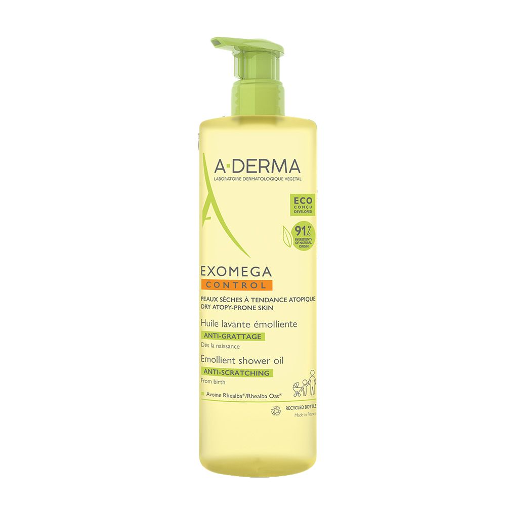 Olio doccia emolliente A-DERMA Exomega Control. Flacone con dosatore verde. Contiene il 91% di ingredienti di origine naturale.