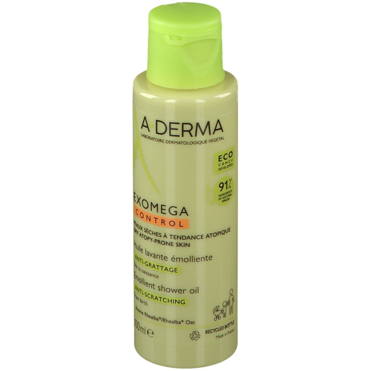 Olio doccia emolliente A-DERMA Exomega Control. Flacone piccolo con tappo verde. 91% ingredienti naturali.