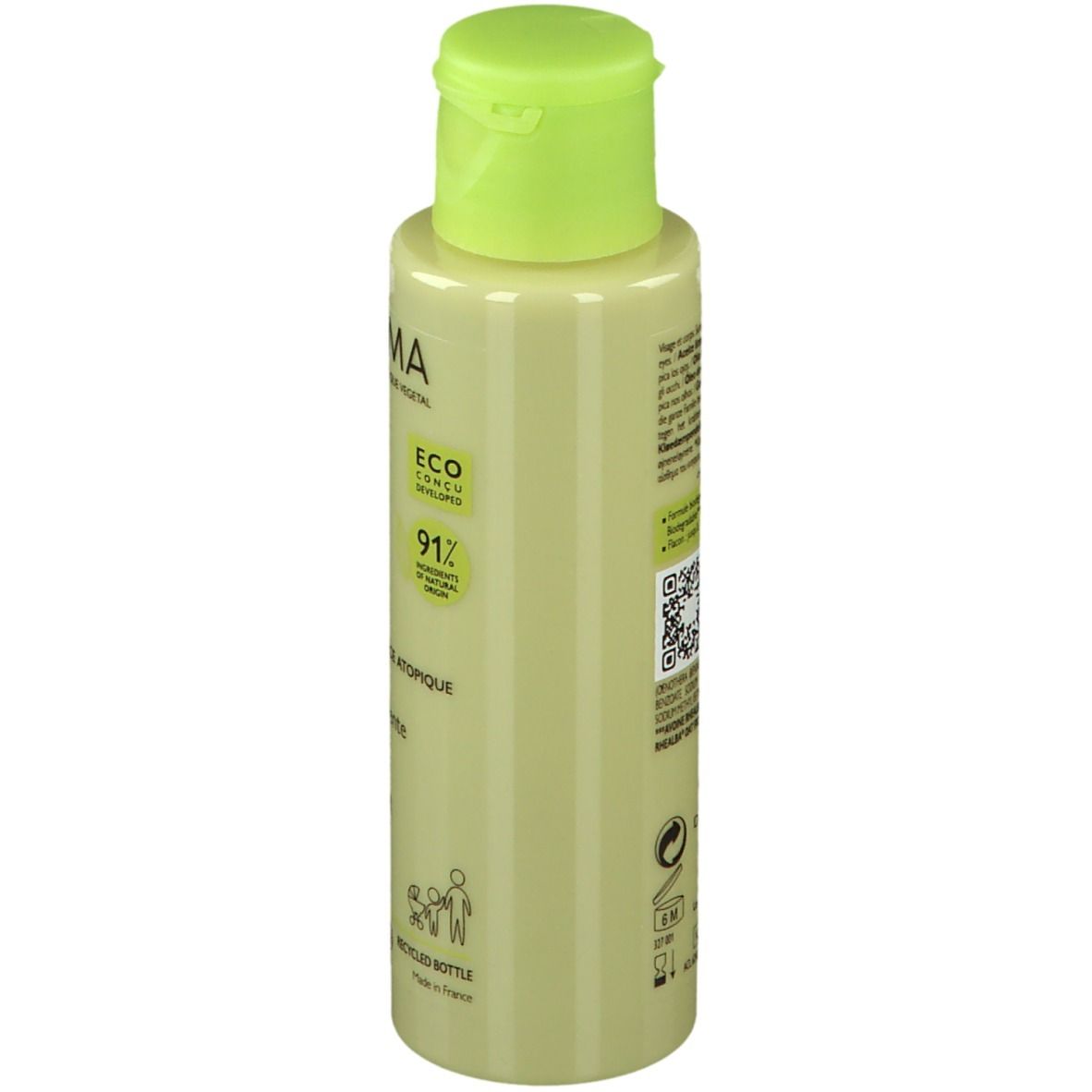 Olio doccia emolliente A-DERMA Exomega Control. Retro del flacone piccolo. Informazioni e codice QR.