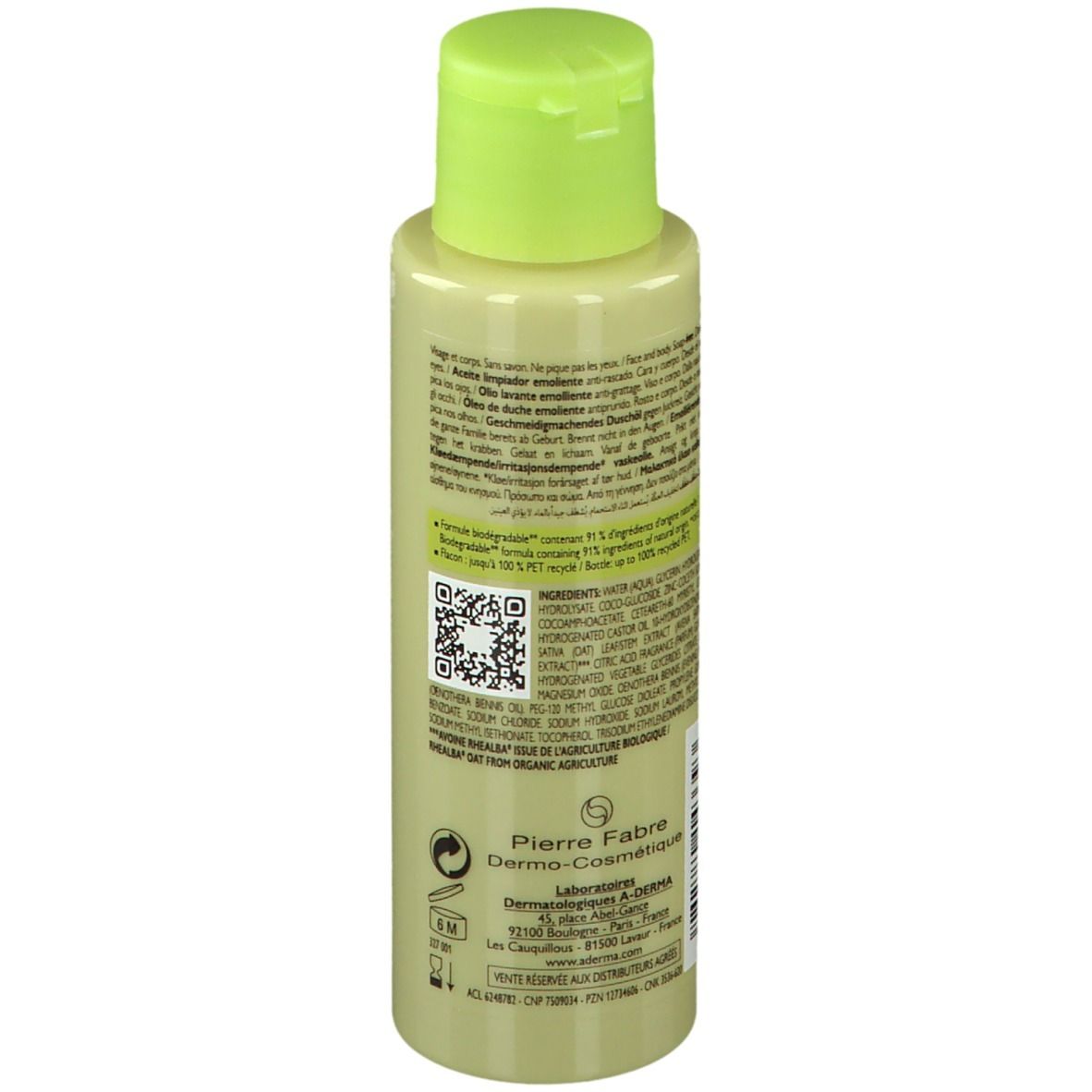 Olio doccia emolliente A-DERMA Exomega Control. Retro del flacone piccolo. Ingredienti e codice QR.