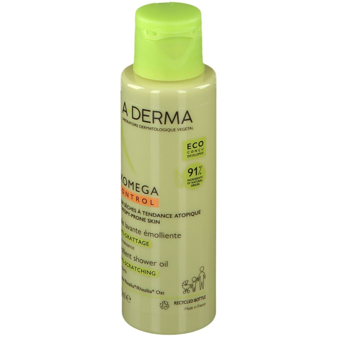 Olio doccia emolliente A-DERMA Exomega Control. Flacone piccolo con tappo verde. Vista del prodotto.