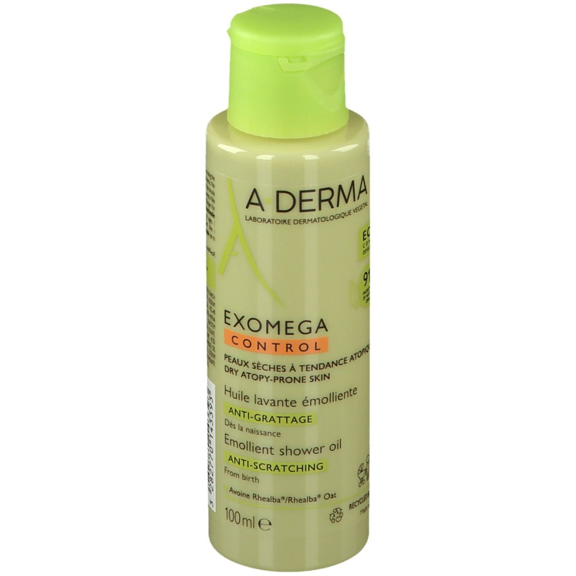 Olio doccia emolliente A-DERMA Exomega Control. Flacone piccolo con tappo verde. 100ml. Anti-prurito.