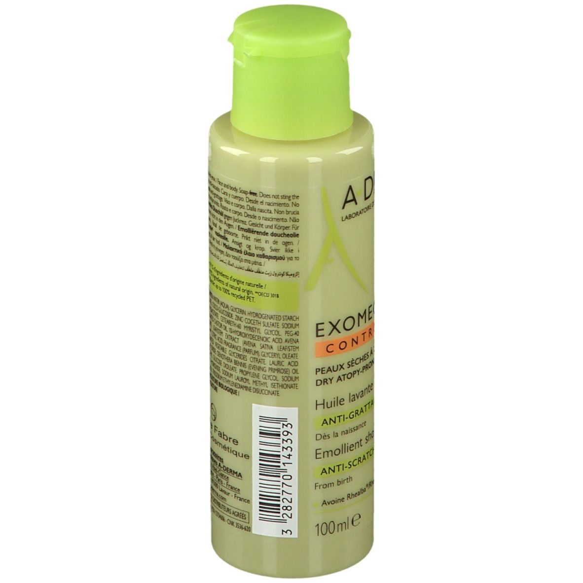 Olio doccia emolliente A-DERMA Exomega Control. Retro del flacone piccolo. 100ml. Codice a barre.