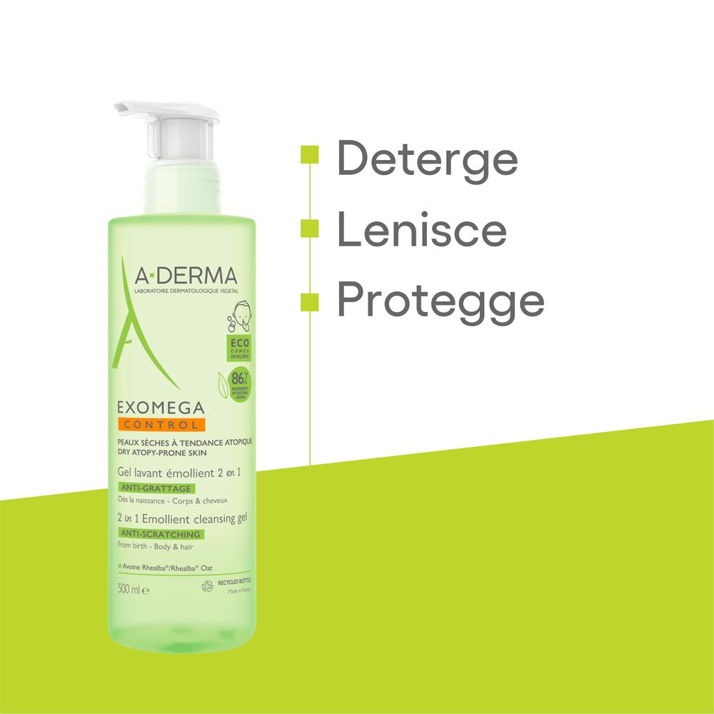 Grünes Gel mit Spender. A-DERMA Logo und Produktbezeichnung. 2in1 Reinigungsgel für Körper und Haare.