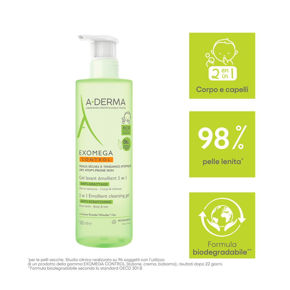Grünes Gel mit Spender. A-DERMA Logo und Produktbezeichnung. 2in1 Reinigungsgel. 98% Hautberuhigung.