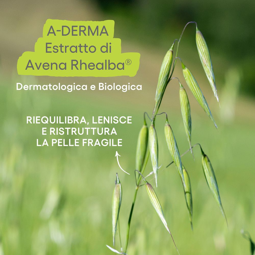 Nahaufnahme von Haferähren. A-DERMA Logo und Text. Dermatologisch und biologisch. Für empfindliche Haut.