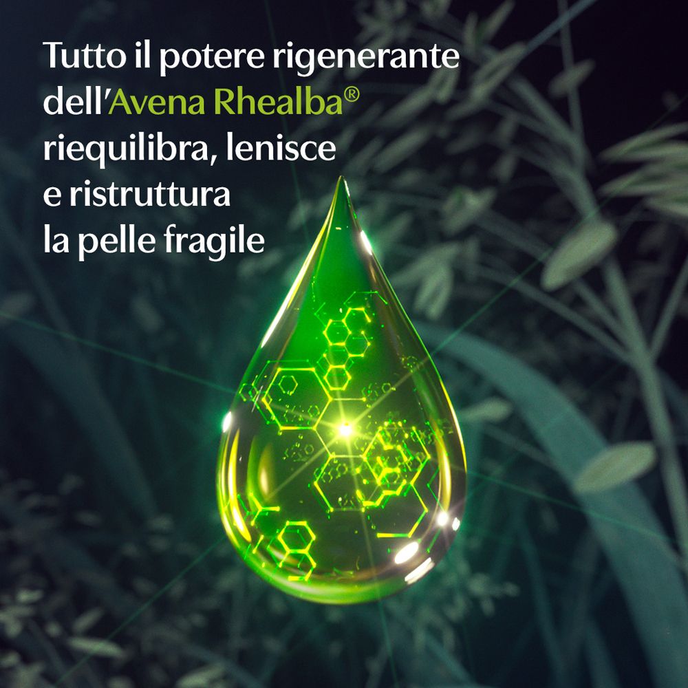 Grüner Tropfen mit hexagonaler Struktur. Text: Regenerierende Kraft der Avena Rhealba. Für empfindliche Haut.