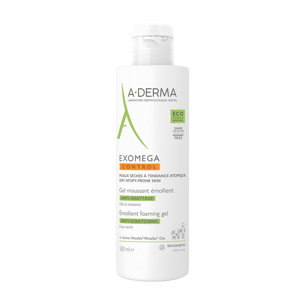A-DERMA EXOMEGA CONTROL Gel detergente emolliente. Flacone bianco, logo verde. 500ml.
