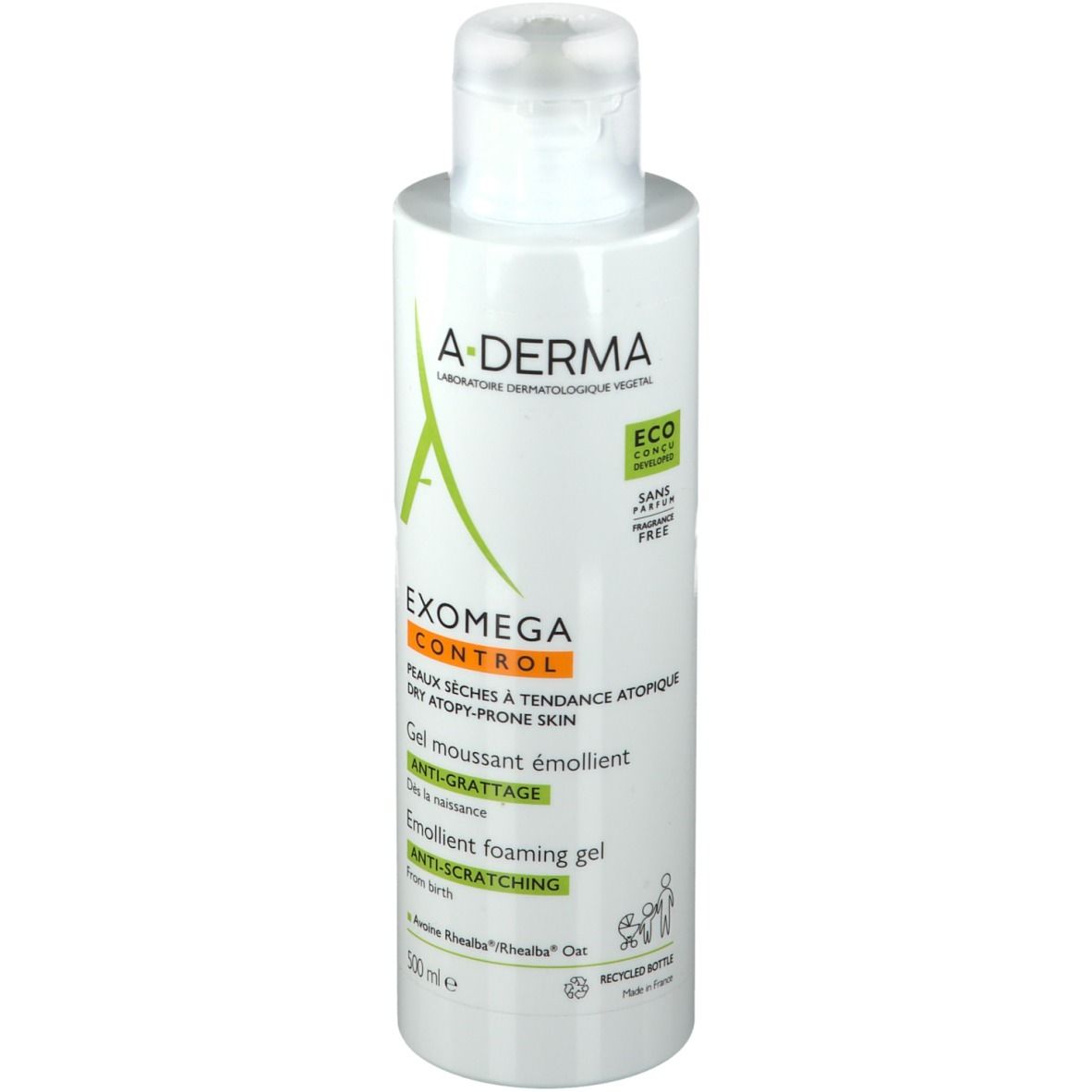 A-DERMA EXOMEGA CONTROL Gel detergente emolliente. Flacone bianco, logo verde. 500ml.
