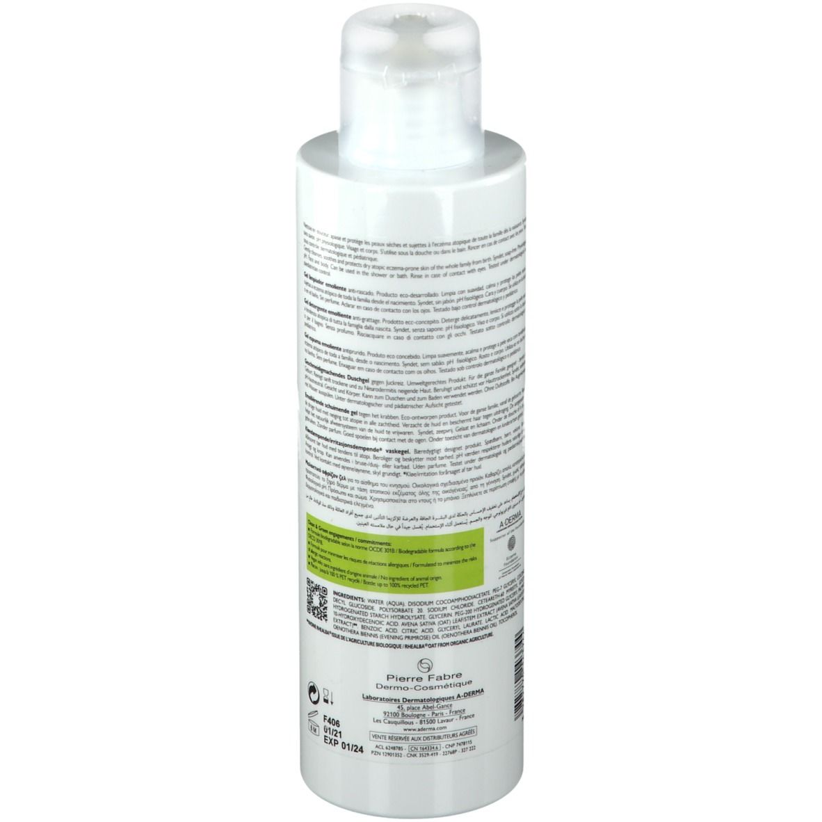 Retro del flacone A-DERMA EXOMEGA CONTROL. Testo e informazioni.