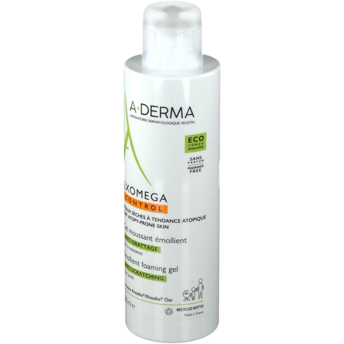 A-DERMA EXOMEGA CONTROL Gel detergente emolliente. Flacone bianco, logo verde. 500ml.