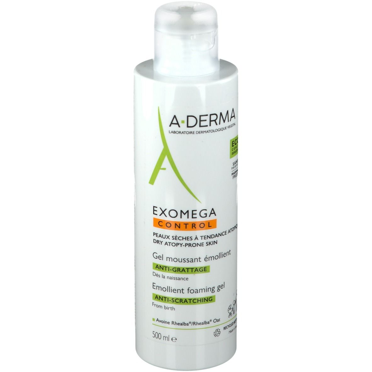 A-DERMA EXOMEGA CONTROL Gel detergente emolliente. Flacone bianco, logo verde. 500ml.