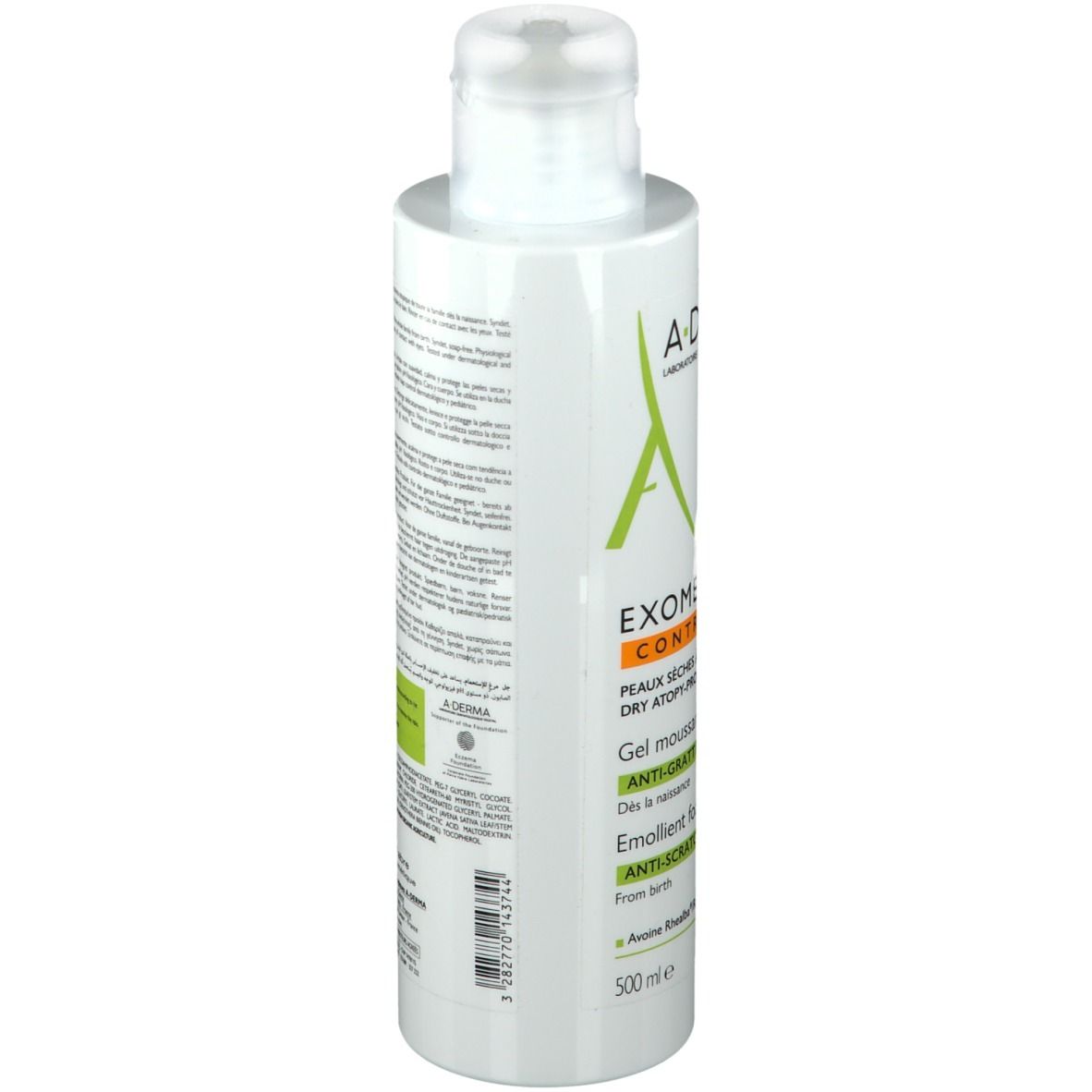 Retro del flacone A-DERMA EXOMEGA CONTROL. Testo e informazioni. 500ml.