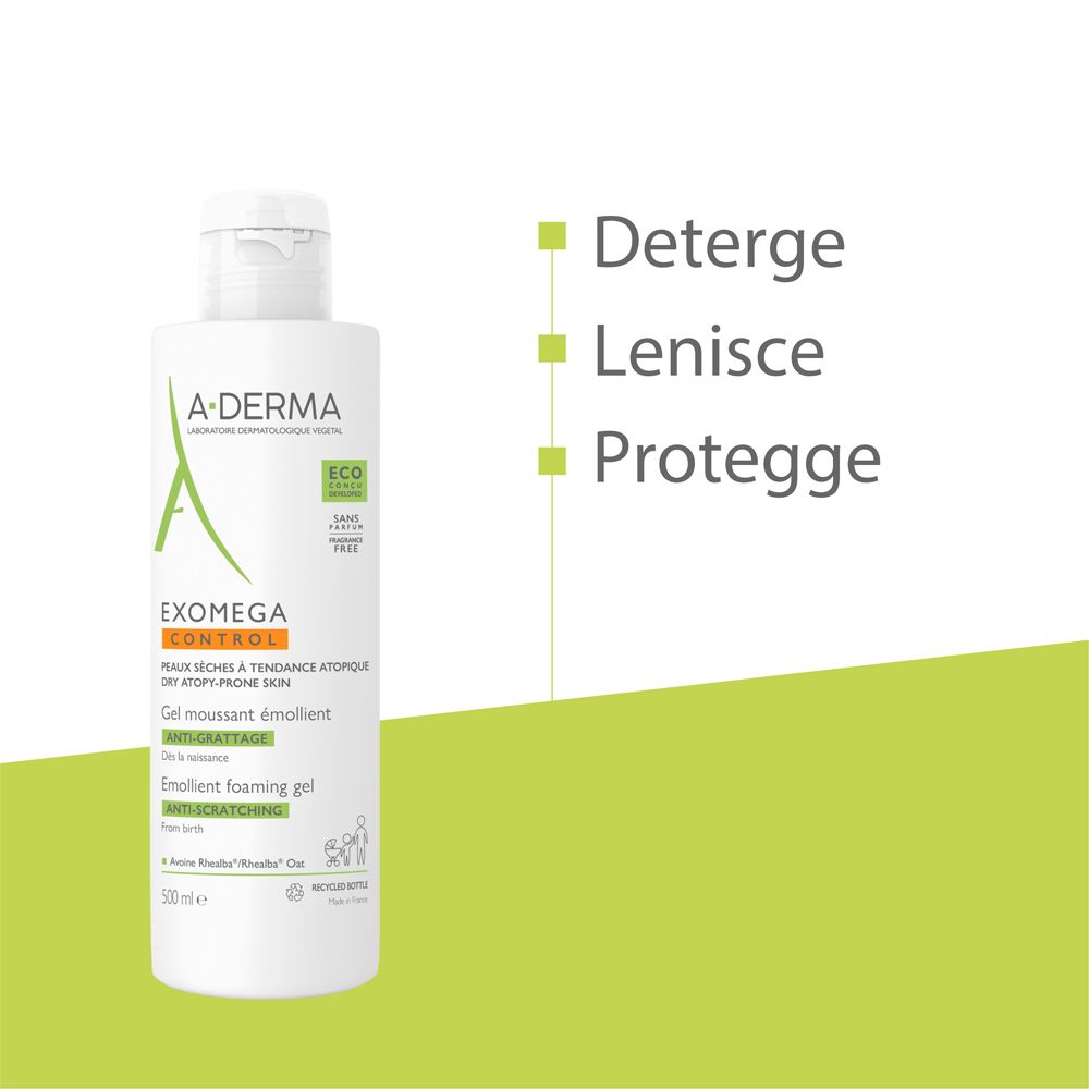A-DERMA EXOMEGA CONTROL. Testo su sfondo verde: Deterge, Lenisce, Protegge.