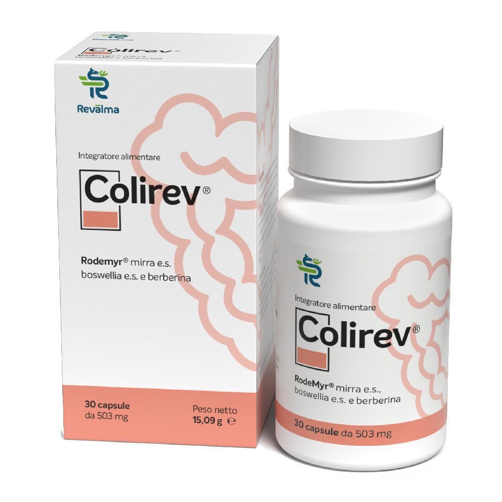 Flacone e scatola di Colirev. Sulla scatola: « 30 capsule da 503 mg » e « Peso netto 15,09 g e ». Ingredienti: Rodemyr mirra e.s., boswellia e.s. e berberina.