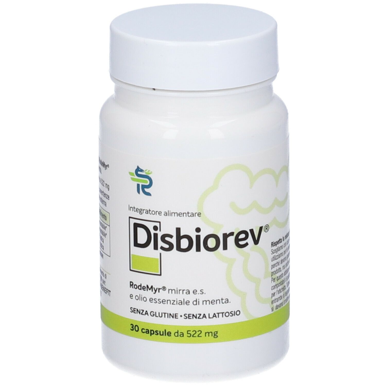 Flacone bianco di capsule Disbiorev. Scritta: 30 capsule, senza glutine, senza lattosio.