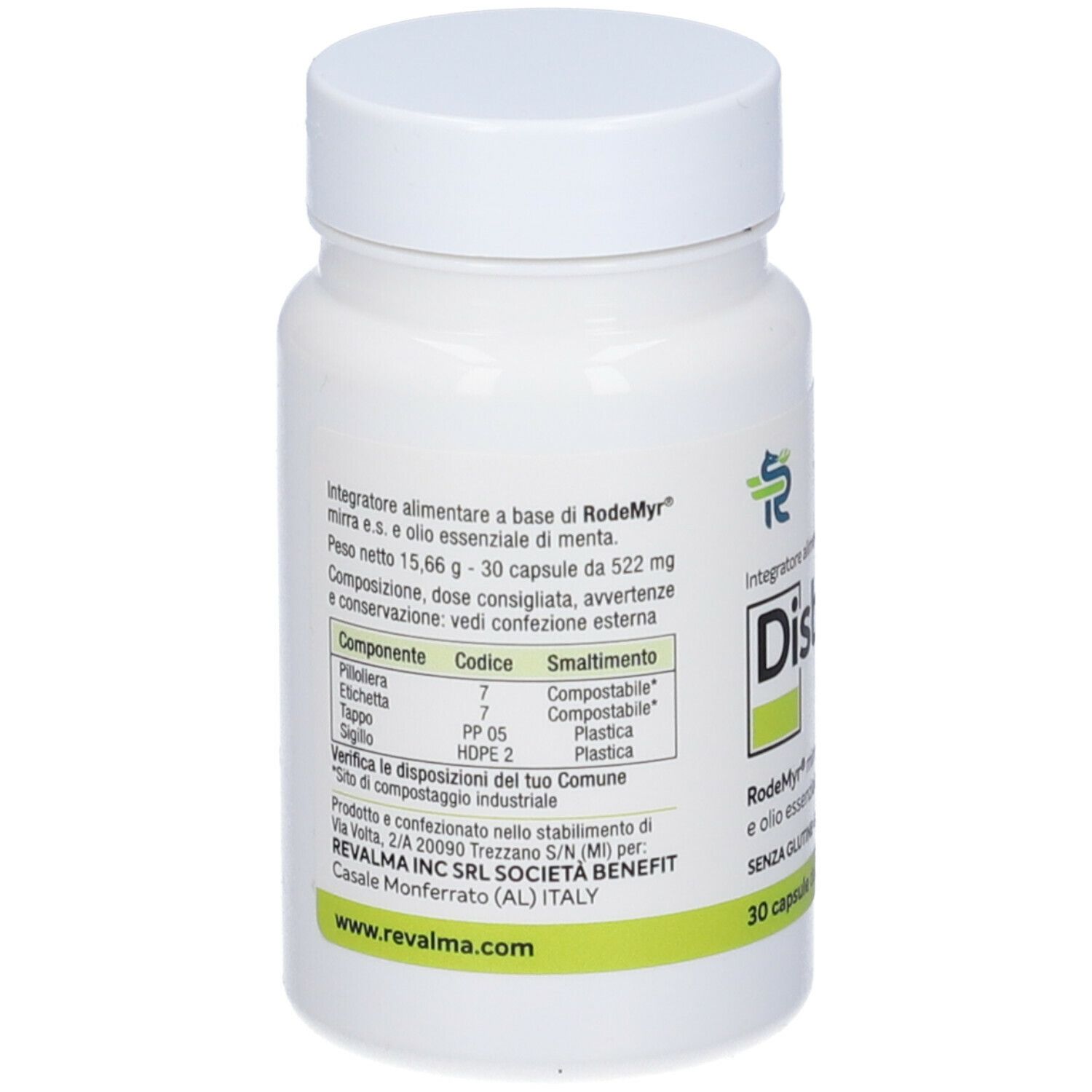 Flacone bianco di capsule Disbiorev. Retro con informazioni e ingredienti.