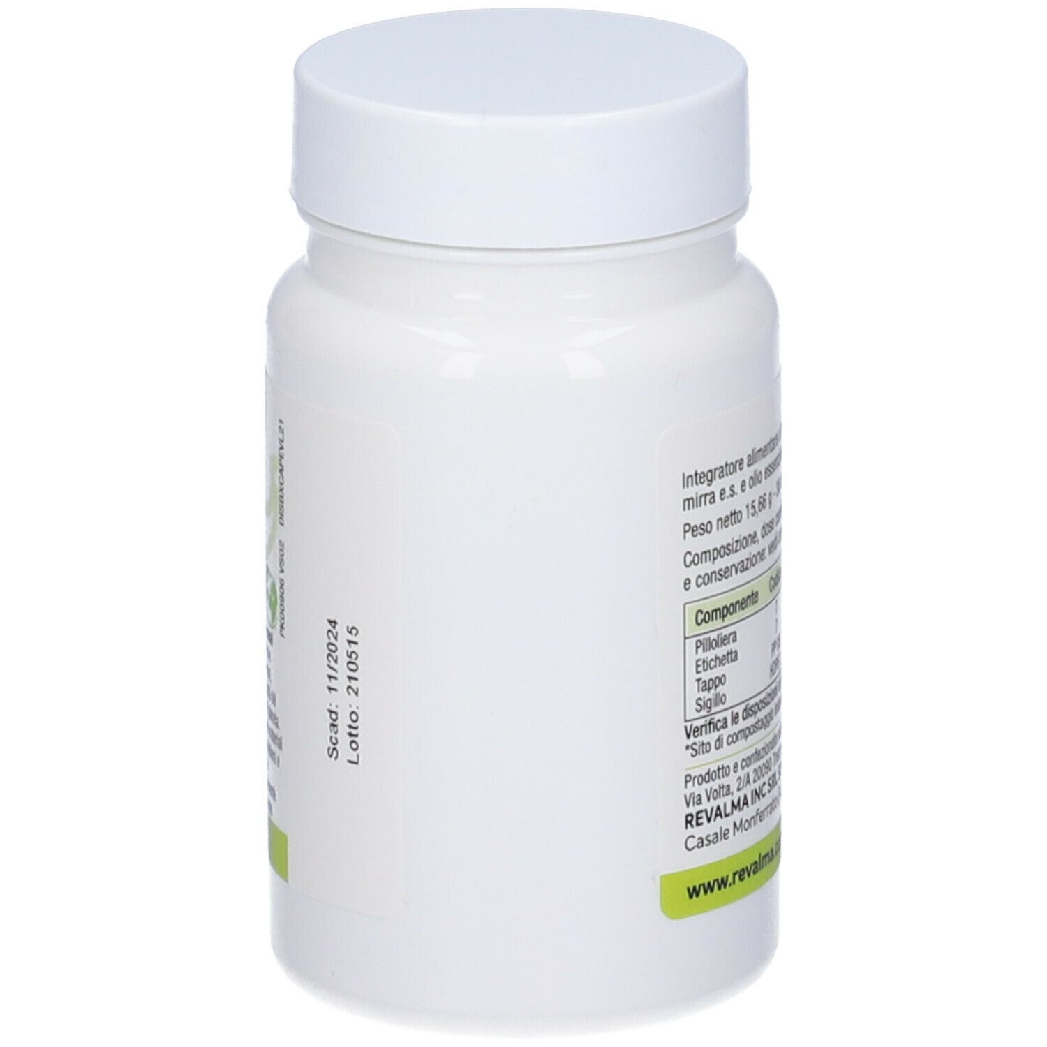 Flacone bianco di capsule Disbiorev. Scritta: Scadenza 11/2024.