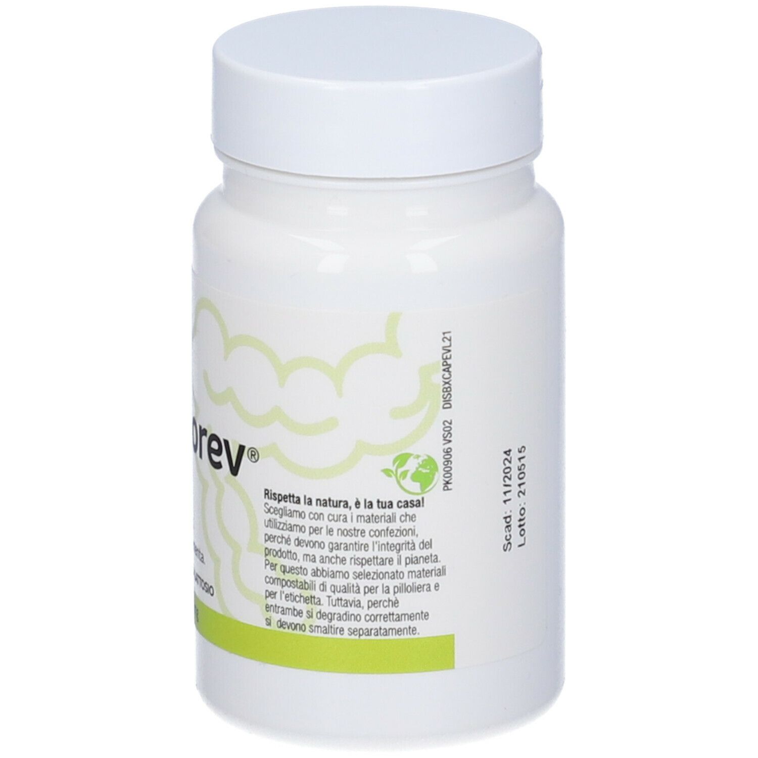 Flacone bianco di capsule Disbiorev. Scritta: Imballaggio ecologico.