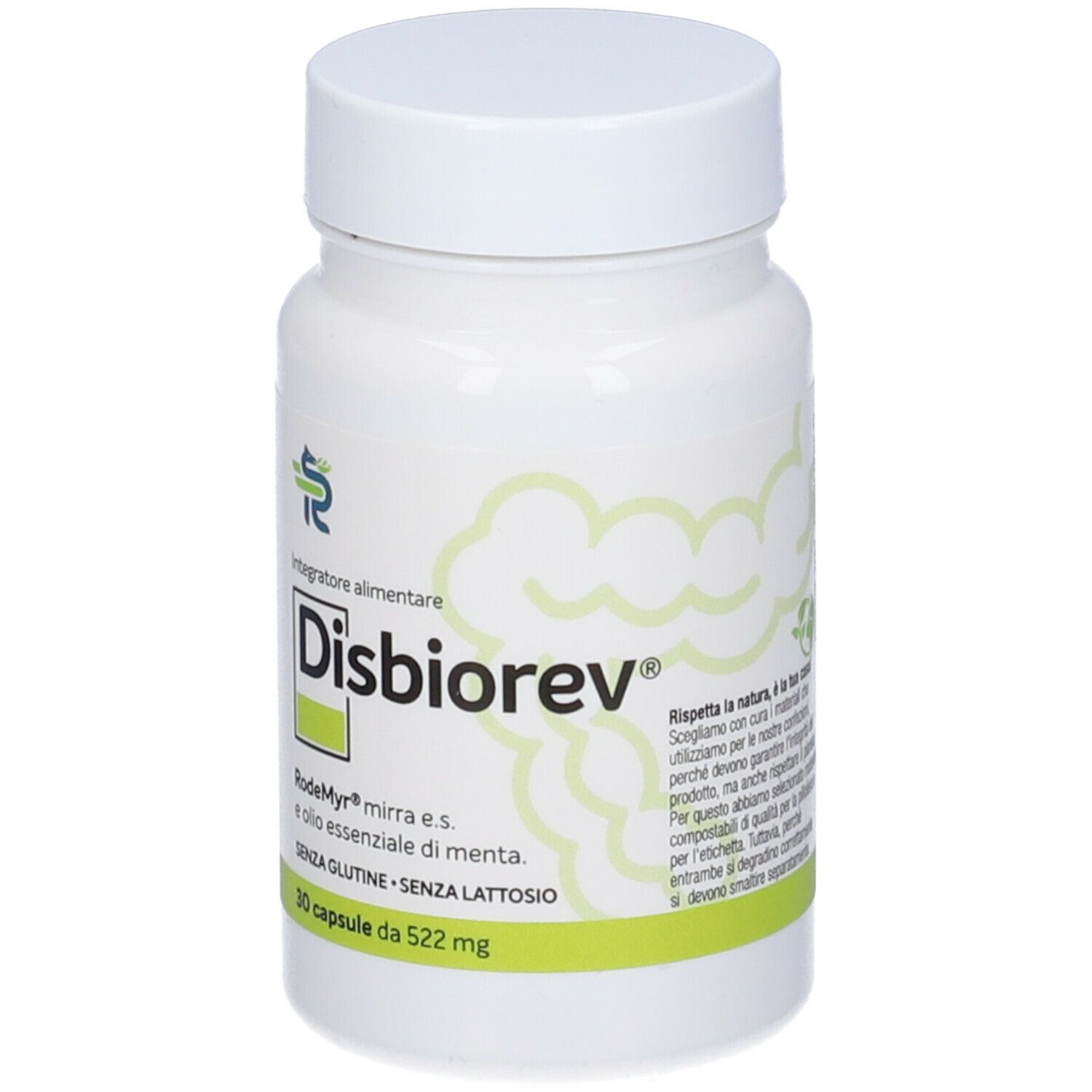 Flacone bianco di capsule Disbiorev. Scritta: 30 capsule, senza glutine, senza lattosio.