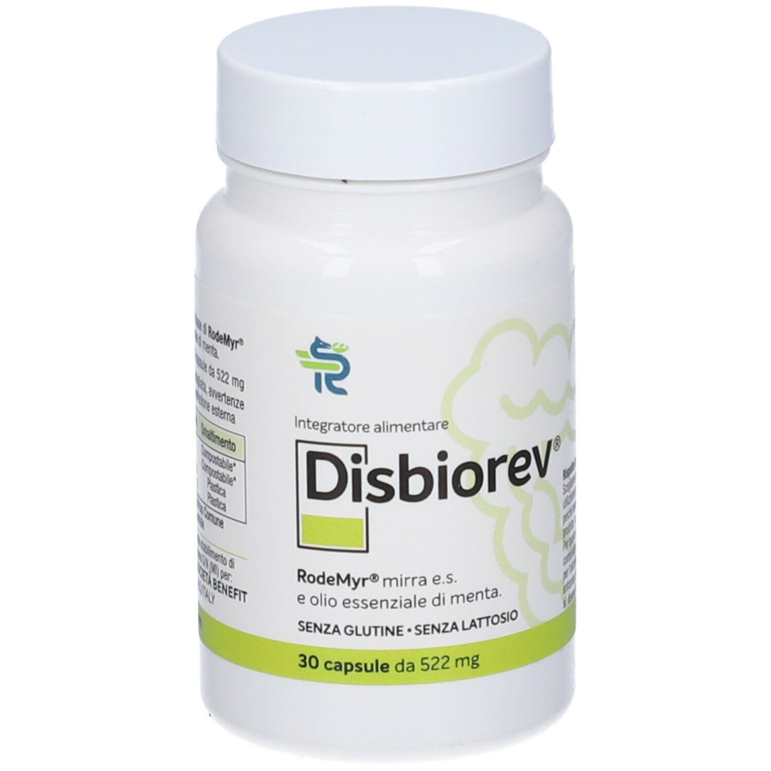 Flacone bianco di capsule Disbiorev. Scritta: 30 capsule, senza glutine, senza lattosio.