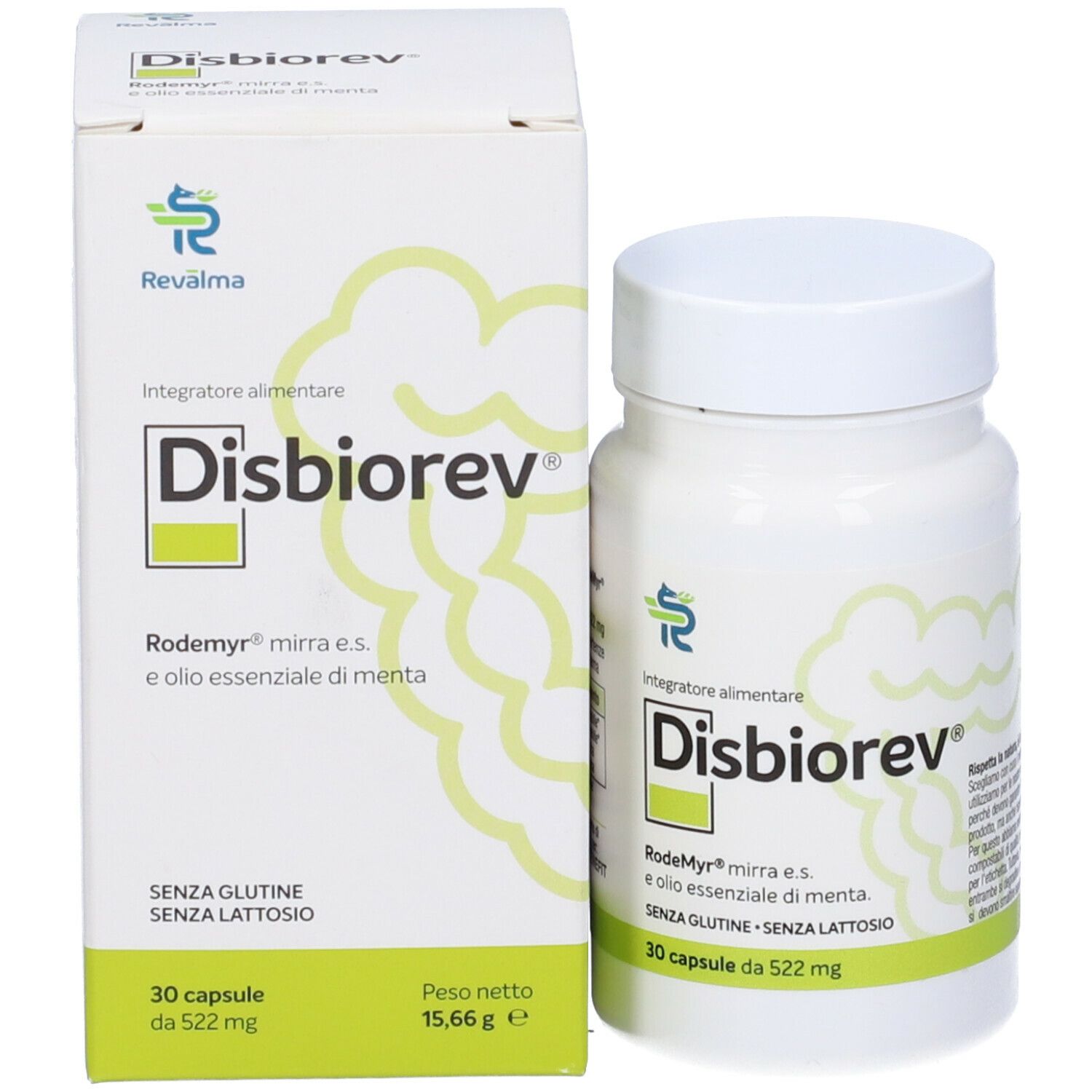 Flacone e scatola bianchi di capsule Disbiorev. Scritta: 30 capsule, Revaima.